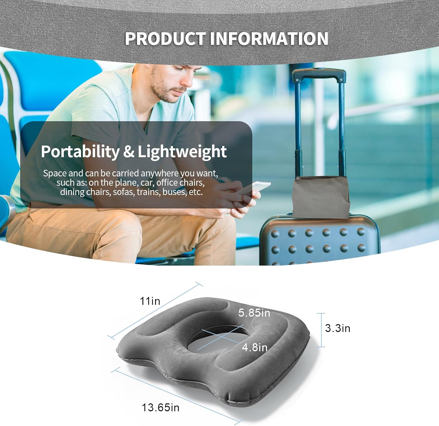 Petluno Inflatable Donut Cushion for Tailbone Pain Relief - Orthopedic Hemorrhoid & Sciatica Seat Cushion - Coccyx Cushion for Postpartum, Pregnancy, Office Chair, Car, Wheelchair & Post-Surgical Recovery Grey
