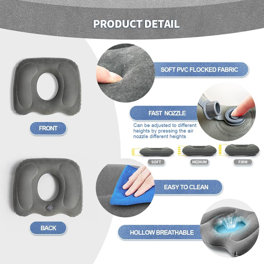 Petluno Inflatable Donut Cushion for Tailbone Pain Relief - Orthopedic Hemorrhoid & Sciatica Seat Cushion - Coccyx Cushion for Postpartum, Pregnancy, Office Chair, Car, Wheelchair & Post-Surgical Recovery Grey