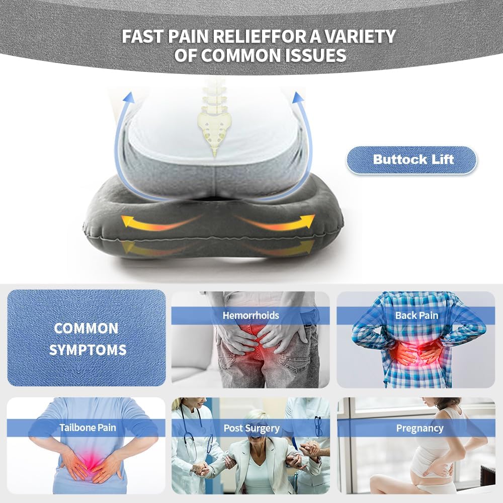 Petluno Inflatable Donut Cushion for Tailbone Pain Relief - Orthopedic Hemorrhoid & Sciatica Seat Cushion - Coccyx Cushion for Postpartum, Pregnancy, Office Chair, Car, Wheelchair & Post-Surgical Recovery Grey