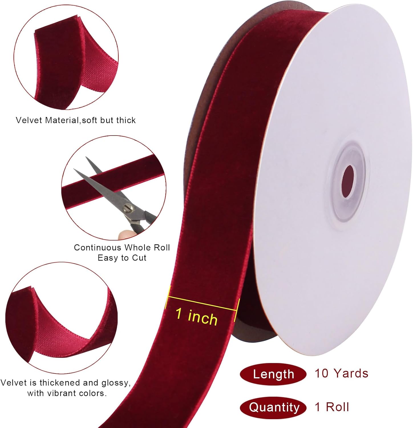 10 Yards Burgundy Velvet Ribbon 1 Inch for Christmas Tree, Dark Red Gift Wrapping Crafts Bow Wreath Holiday Decorations Burgundy 1"-10 Yard