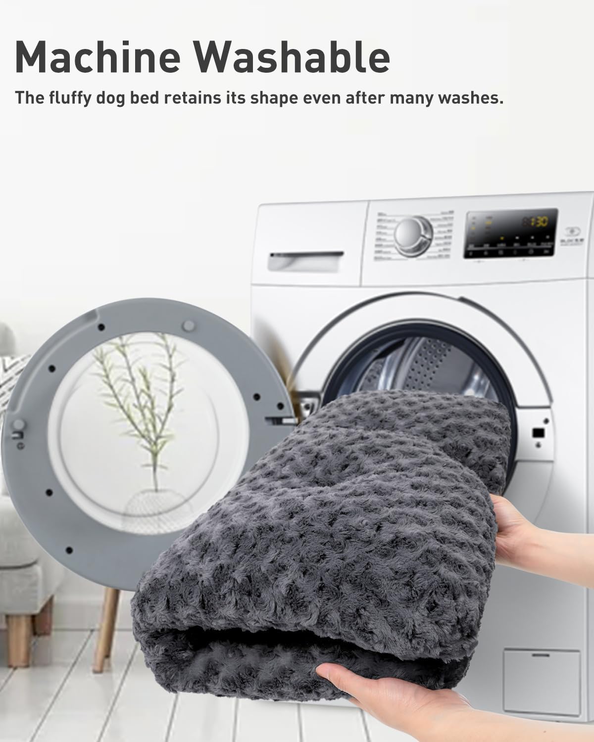 Petluno Large Dog Bed Washable, Calming Crate Mattress with Non Skid Bottom, Fluffy Anti Anxiety Beds, Pet Pillow Cushion, Dark Grey, 90x60x8cm Grey 90 x 60 8 cm L W H