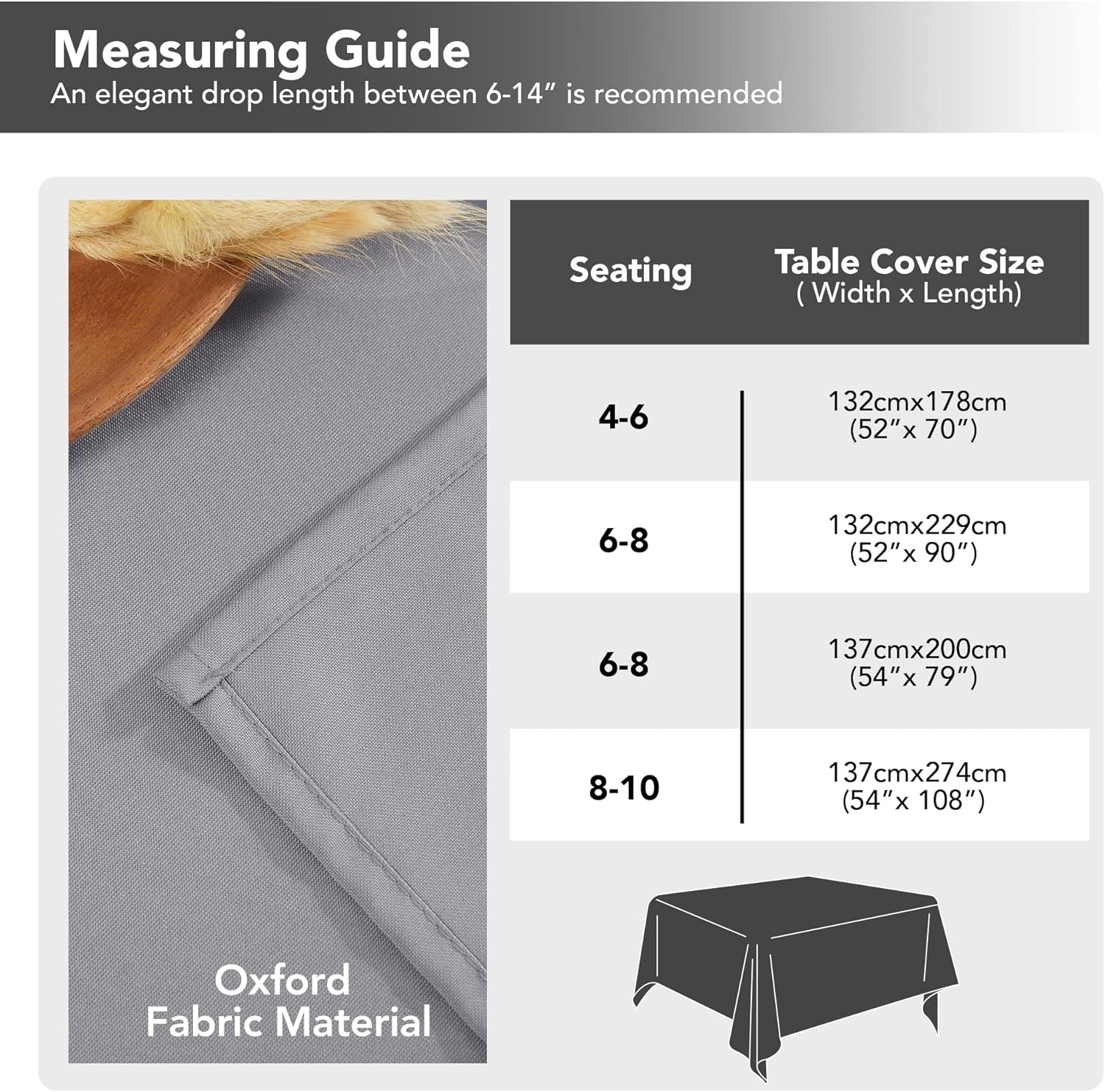 Petluno Oxford Decorative Table Cloth Rectangle Water Resistant Tablecloth for Home 137x200cm 54x79in Grey 79 x 54 inch Rectangular