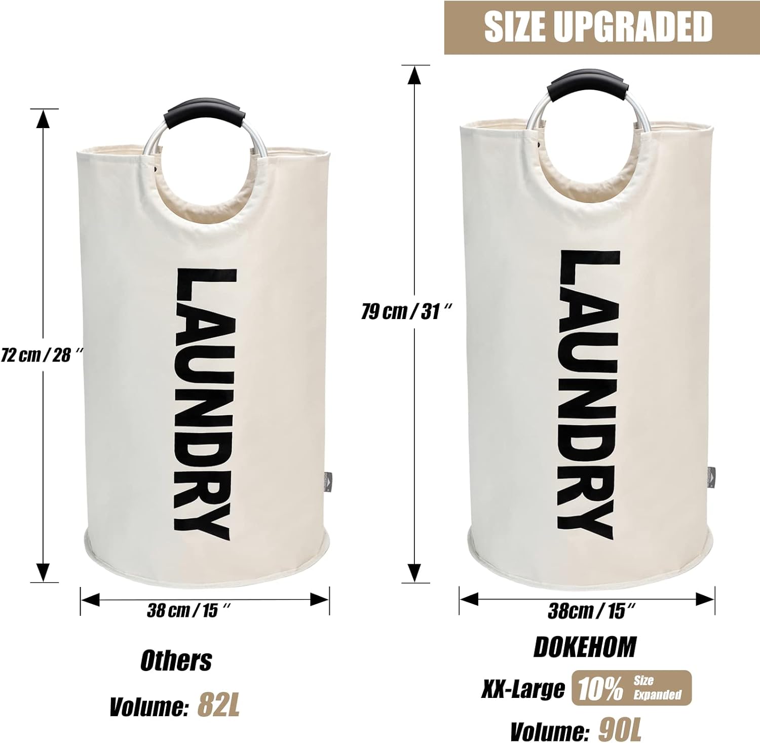 Petluno 90L Large Laundry Basket, Collapsible Bag, Freestanding Tall Clothes Hamper, Foldable Washing Bin Beige Beige