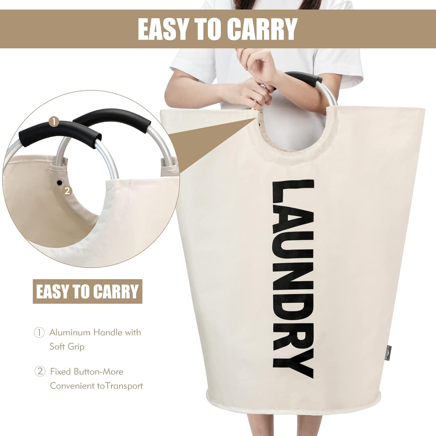 Petluno 90L Large Laundry Basket, Collapsible Bag, Freestanding Tall Clothes Hamper, Foldable Washing Bin Beige Beige