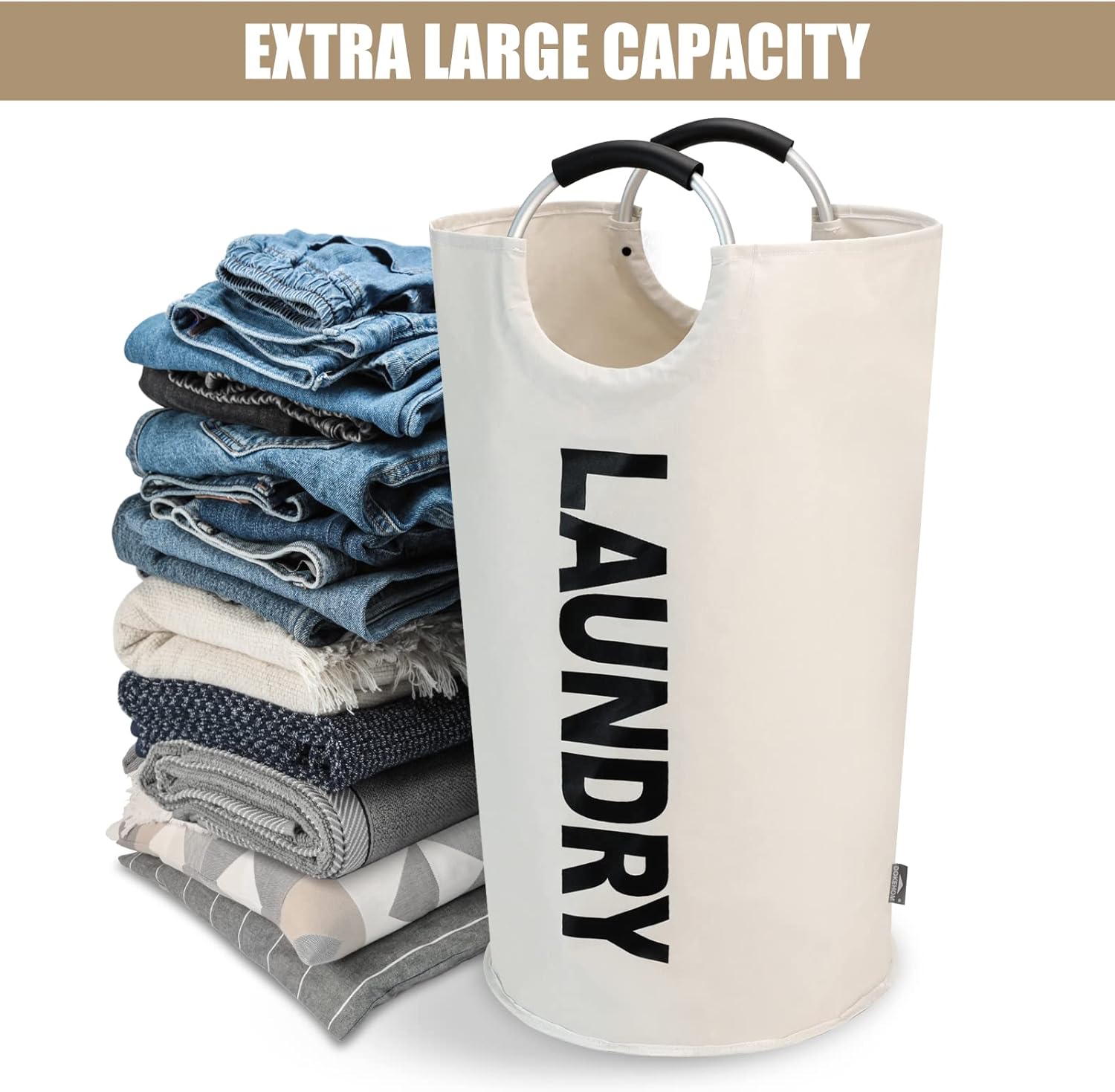 Petluno 90L Large Laundry Basket, Collapsible Bag, Freestanding Tall Clothes Hamper, Foldable Washing Bin Beige Beige