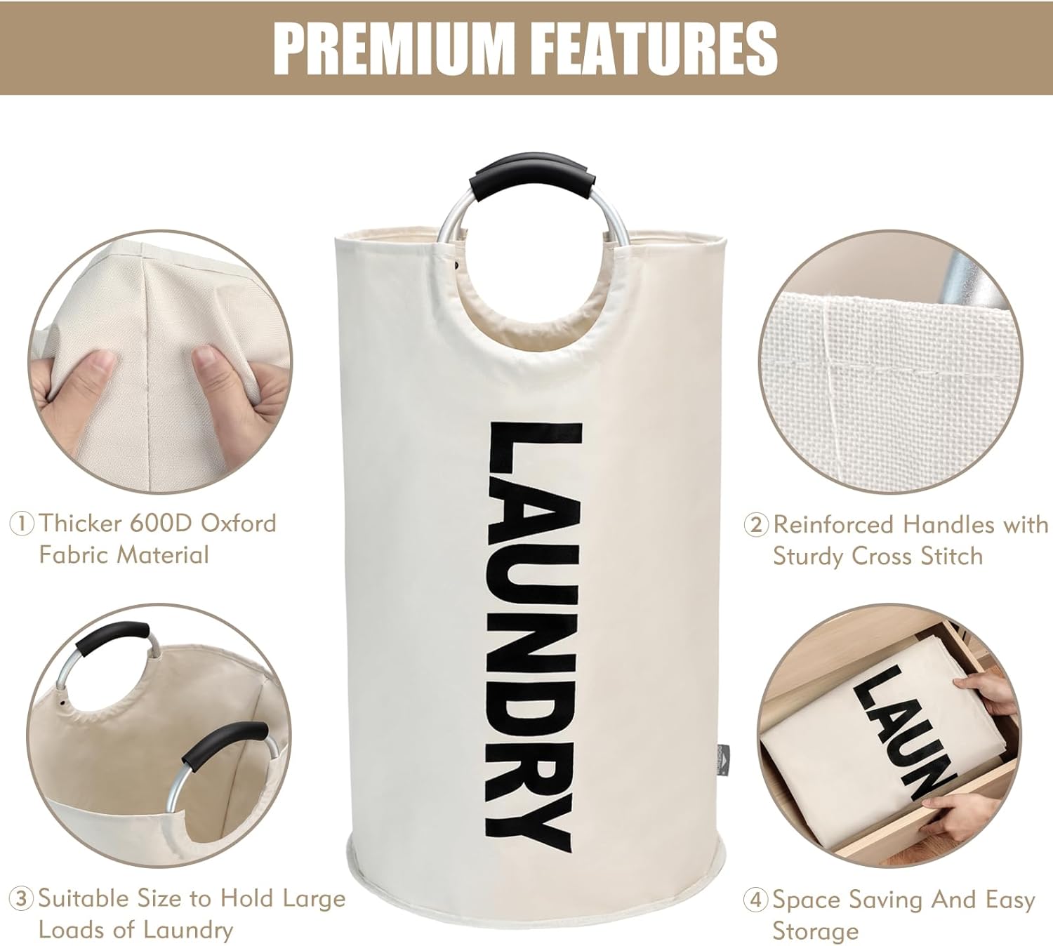 Petluno 90L Large Laundry Basket, Collapsible Bag, Freestanding Tall Clothes Hamper, Foldable Washing Bin Beige Beige