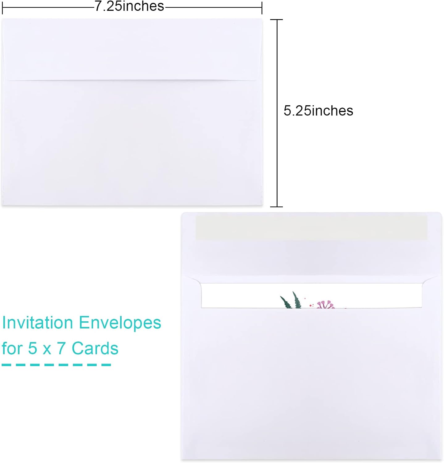 50 Packs 5x7 Envelopes, White A7 Envelopes for Invitations, Printable, Self Seal Weddings, Photos, Postcards, Greeting Cards, Mailing 5.25x7.25in