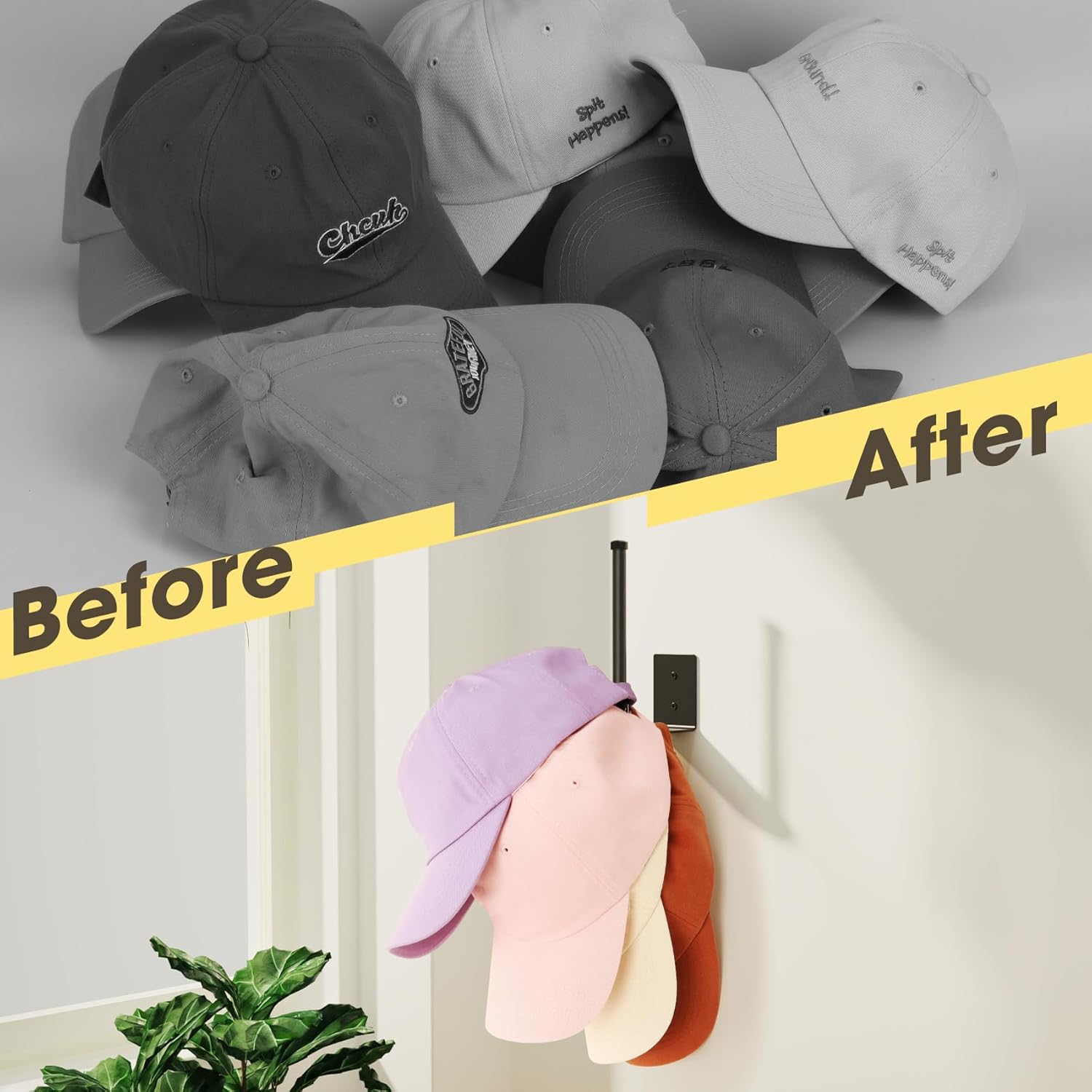2 Pack Hat Racks for Baseball Caps, Stainless Steel Organizer Cap, Holder Storage Organizer, Hanger Strong Adhesive/Wall Drilled Door, Bedroom, Closet Black 6 in Black in