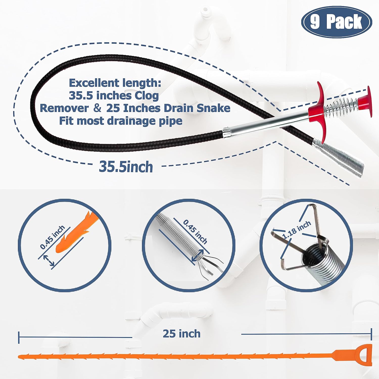 35.5-inch Drain Clog Remover 1 piece , 25-inch Snake Hair Remover 6 pieces & Cleaning Brush 2 pieces , Catcher Auger Cleaner Tool Set For Toilet, Kitchen Sink, Bathroom Tub, Sewer, 9 Pack