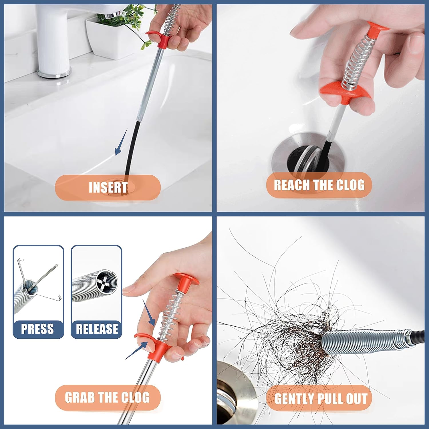 35.5-inch Drain Clog Remover 1 piece , 25-inch Snake Hair Remover 6 pieces & Cleaning Brush 2 pieces , Catcher Auger Cleaner Tool Set For Toilet, Kitchen Sink, Bathroom Tub, Sewer, 9 Pack