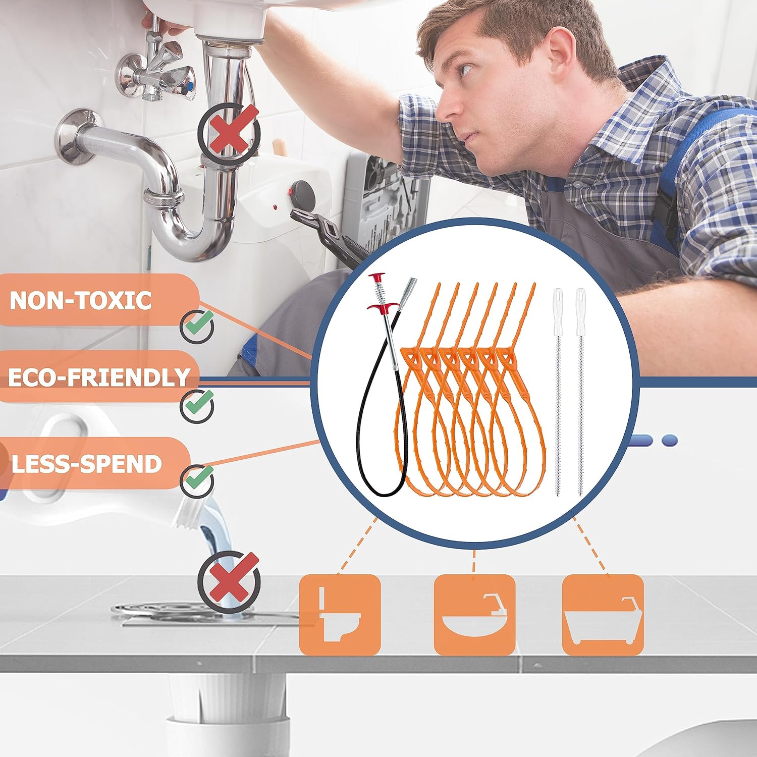 35.5-inch Drain Clog Remover 1 piece , 25-inch Snake Hair Remover 6 pieces & Cleaning Brush 2 pieces , Catcher Auger Cleaner Tool Set For Toilet, Kitchen Sink, Bathroom Tub, Sewer, 9 Pack