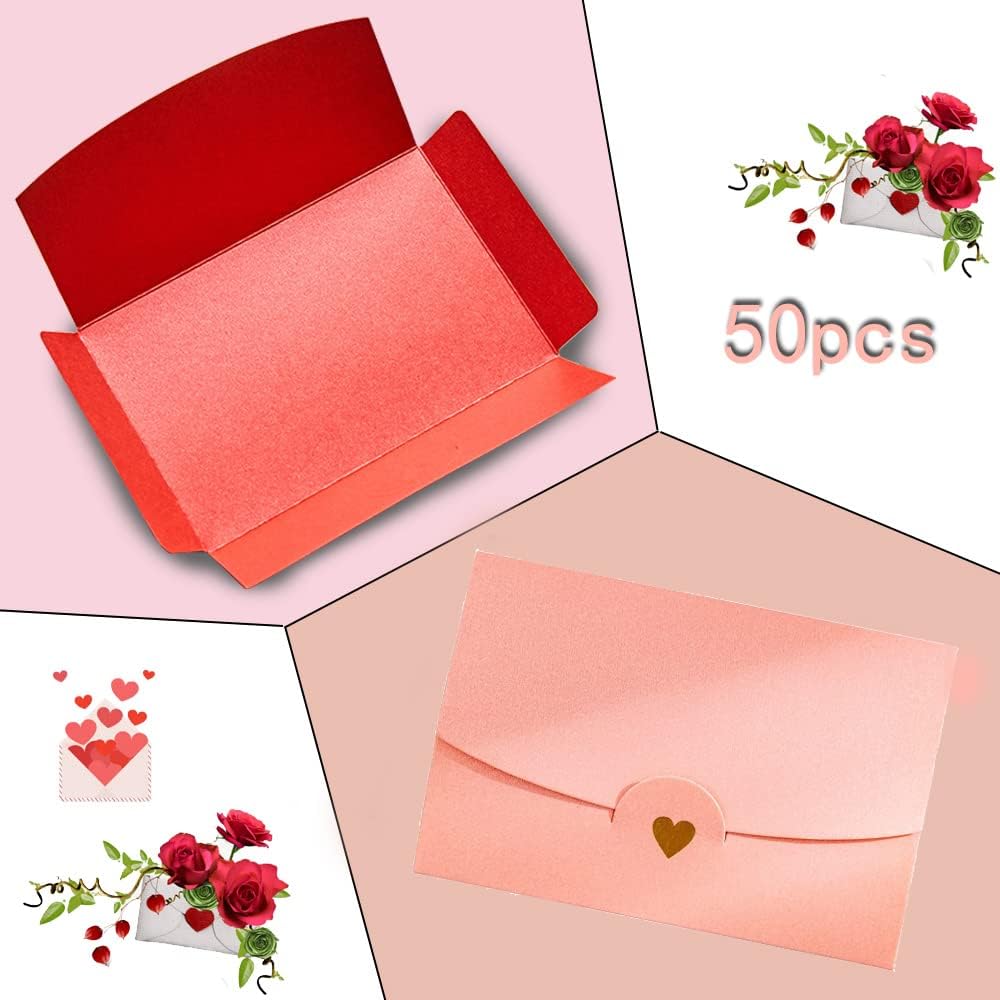 Mini envelope, 50 pieces, gift card envelope, mini pink envelopes, with heart closure, for DIY gift vouchers, Christmas, Valentine's Day, birthday party, gift card Pink pink