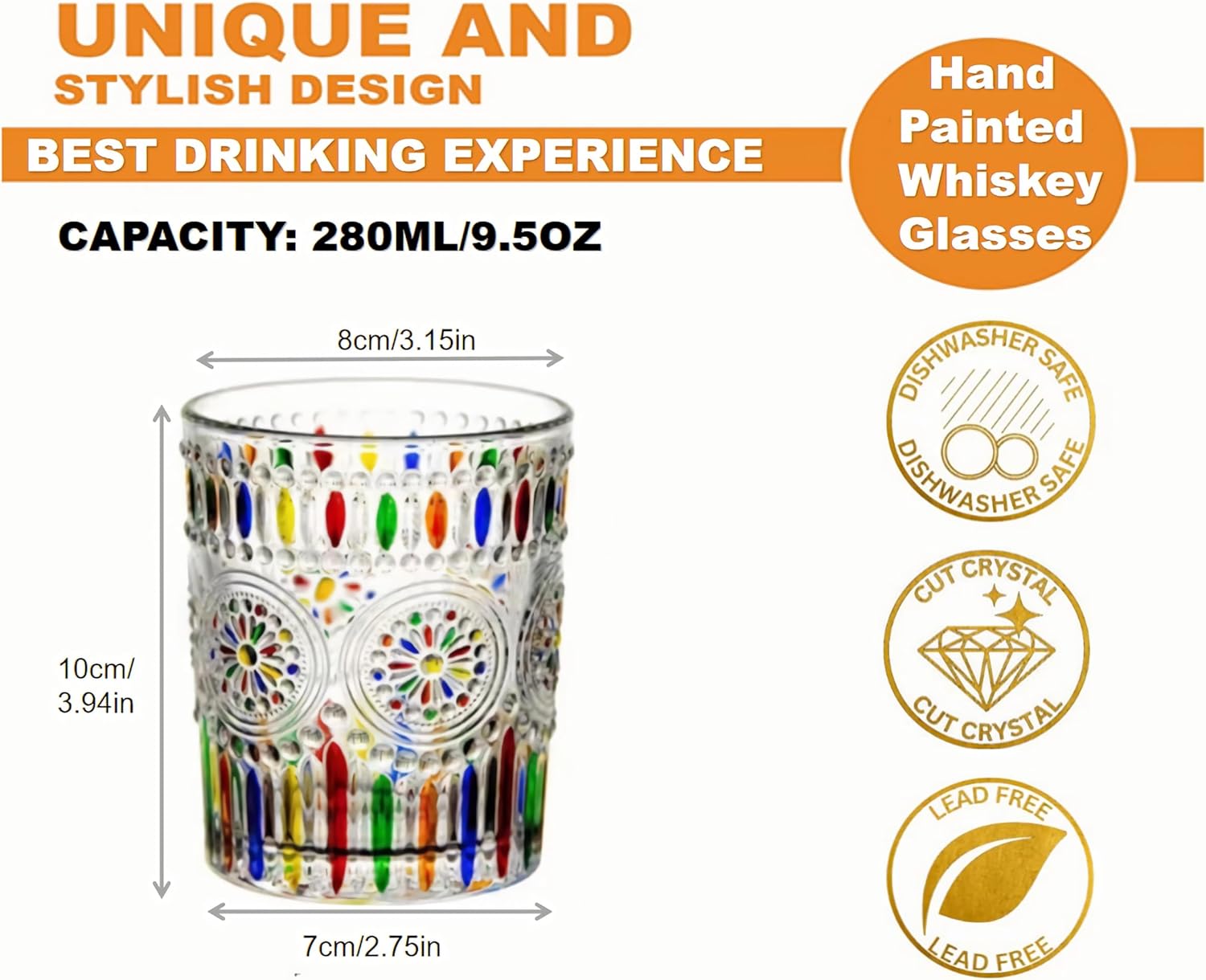 Petluno Hand Painted Stained Glass Whiskey Tumblers, Lead-Free Crystal Colorful Wine Glasses Old Fashioned for Drinking Bourbon, Scotch Whisky, Cocktails, Cognac - Father's Day Gift Rainbow
