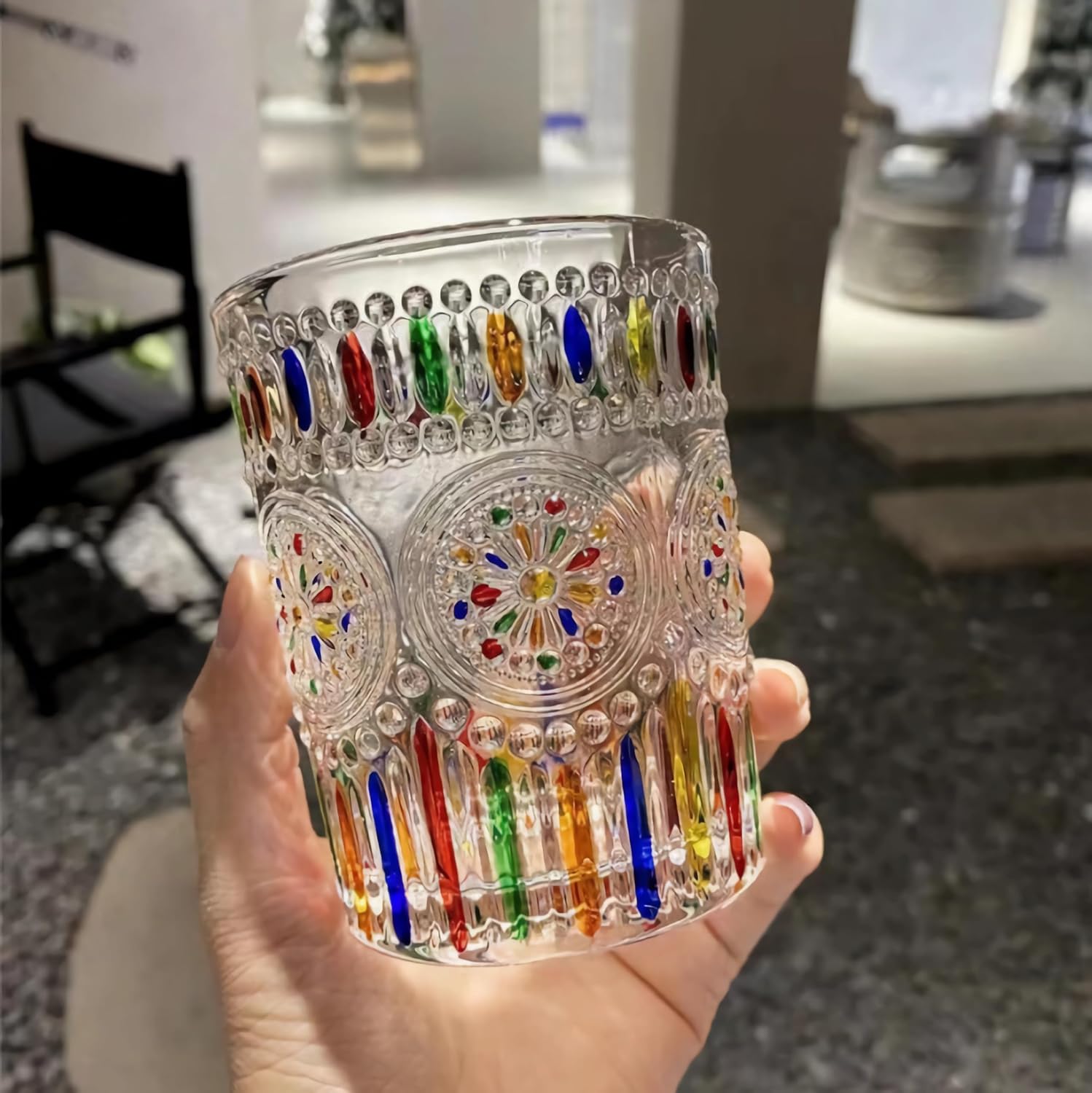 Petluno Hand Painted Stained Glass Whiskey Tumblers, Lead-Free Crystal Colorful Wine Glasses Old Fashioned for Drinking Bourbon, Scotch Whisky, Cocktails, Cognac - Father's Day Gift Rainbow
