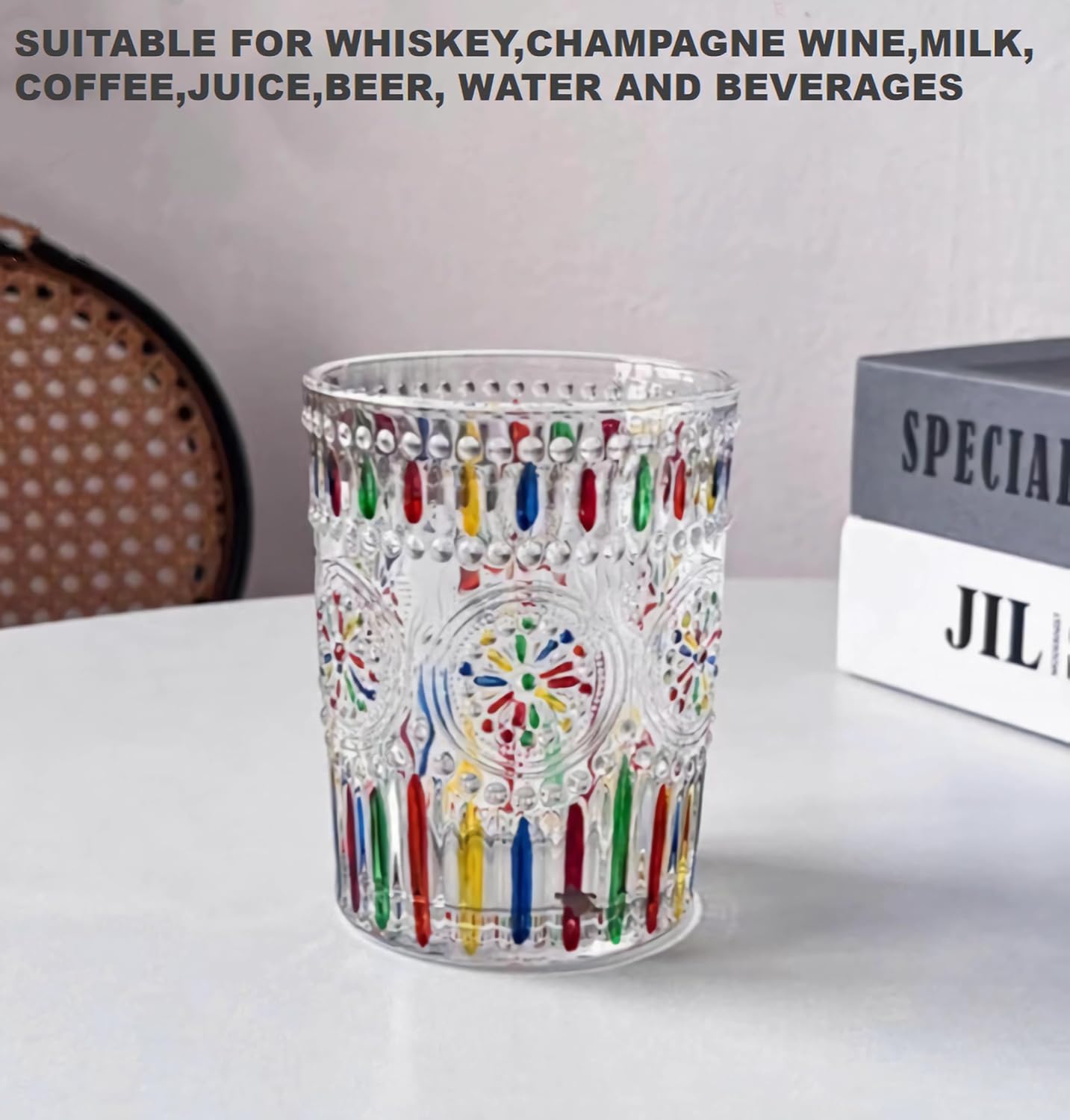 Petluno Hand Painted Stained Glass Whiskey Tumblers, Lead-Free Crystal Colorful Wine Glasses Old Fashioned for Drinking Bourbon, Scotch Whisky, Cocktails, Cognac - Father's Day Gift Rainbow