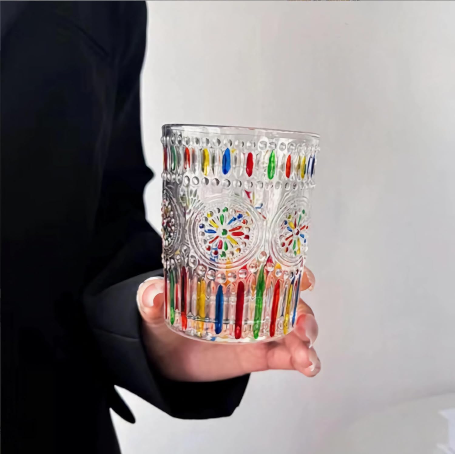 Petluno Hand Painted Stained Glass Whiskey Tumblers, Lead-Free Crystal Colorful Wine Glasses Old Fashioned for Drinking Bourbon, Scotch Whisky, Cocktails, Cognac - Father's Day Gift Rainbow