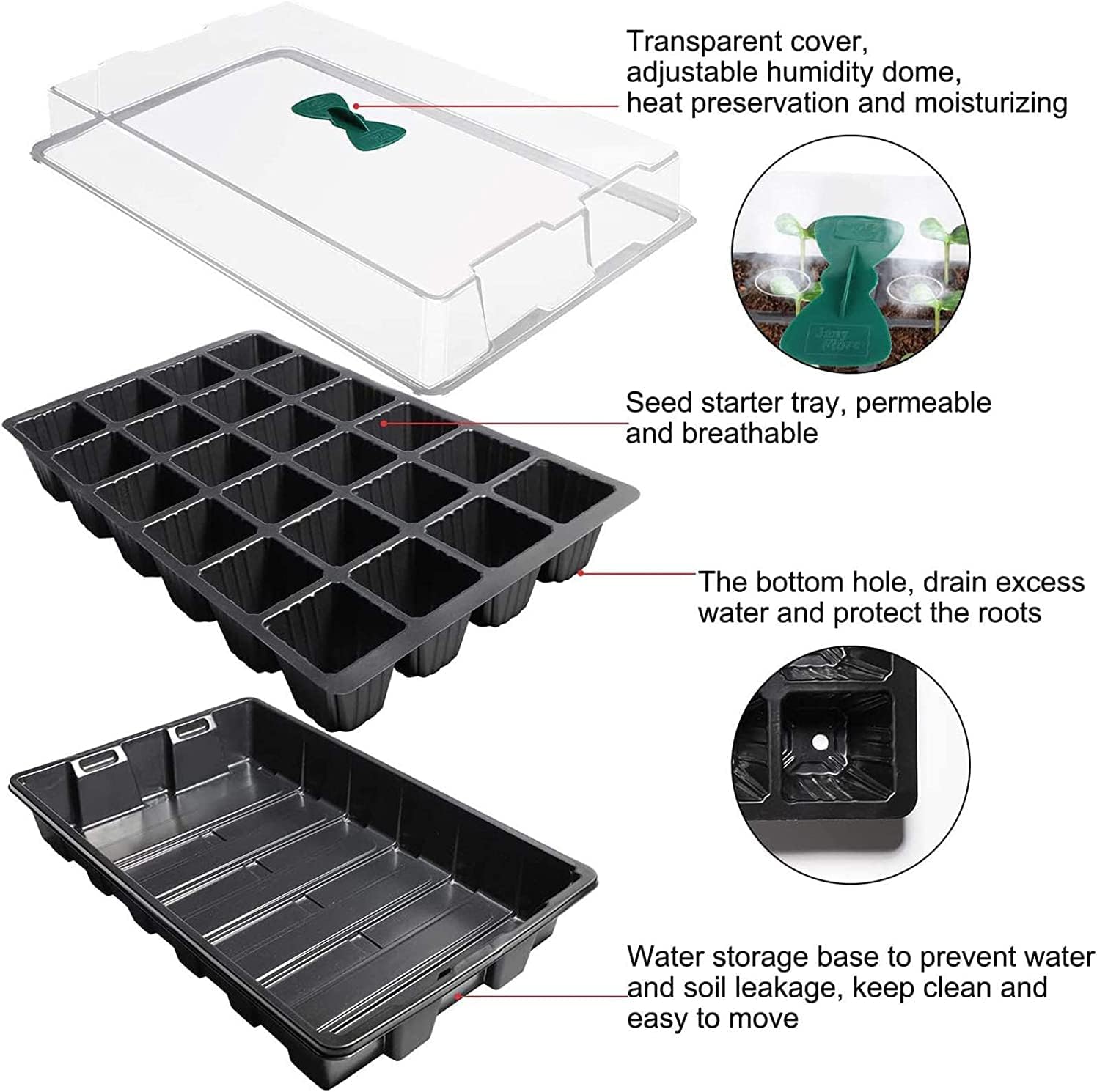 Petluno 4-piece seedling trays, 24-cell plastic seedling propagation trays, flower seed growing containers with adjustable ventilation openings for greenhouse, garden, home with lids and bases