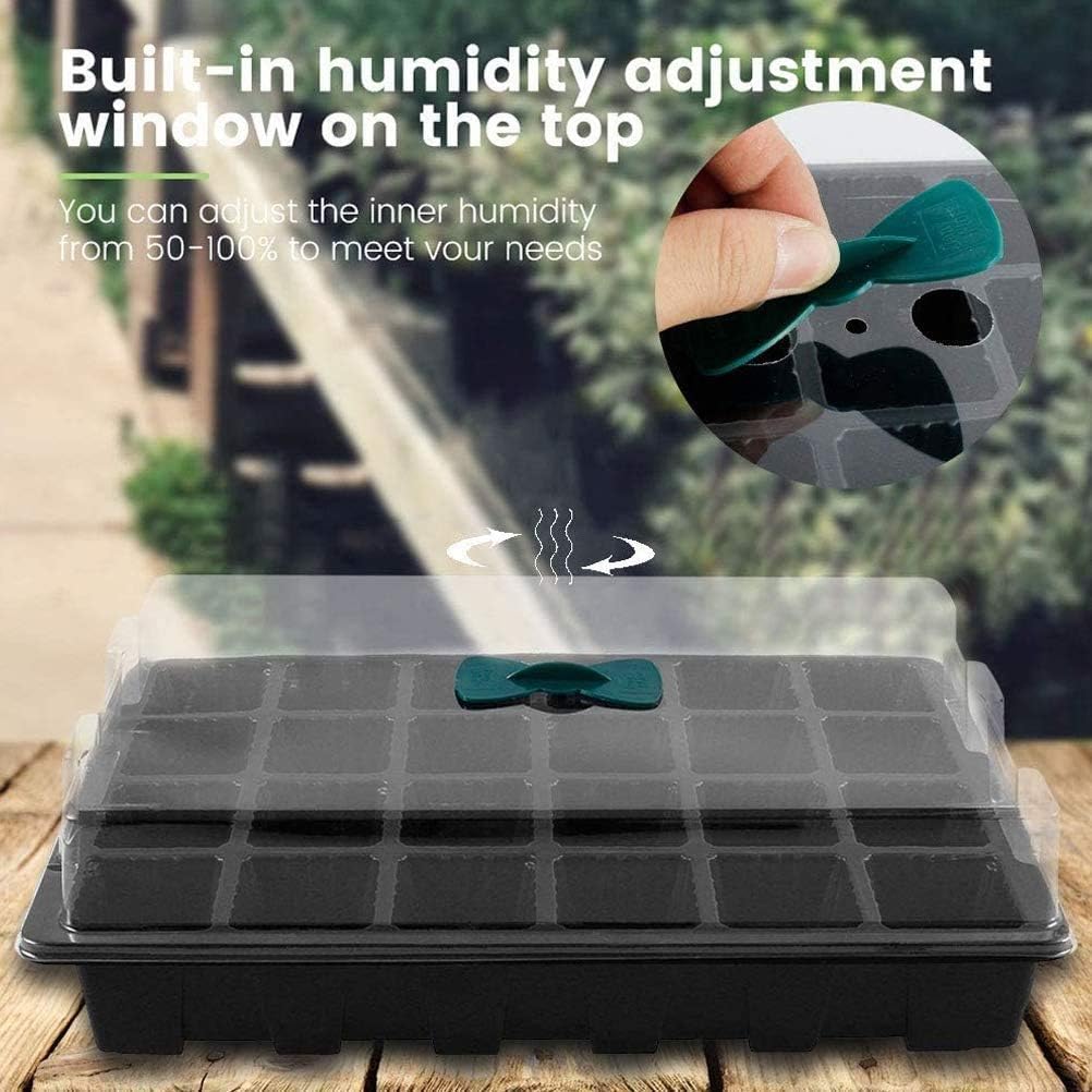 Petluno 4-piece seedling trays, 24-cell plastic seedling propagation trays, flower seed growing containers with adjustable ventilation openings for greenhouse, garden, home with lids and bases