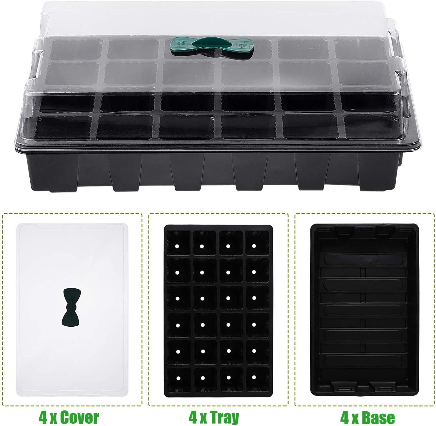 Petluno 4-piece seedling trays, 24-cell plastic seedling propagation trays, flower seed growing containers with adjustable ventilation openings for greenhouse, garden, home with lids and bases