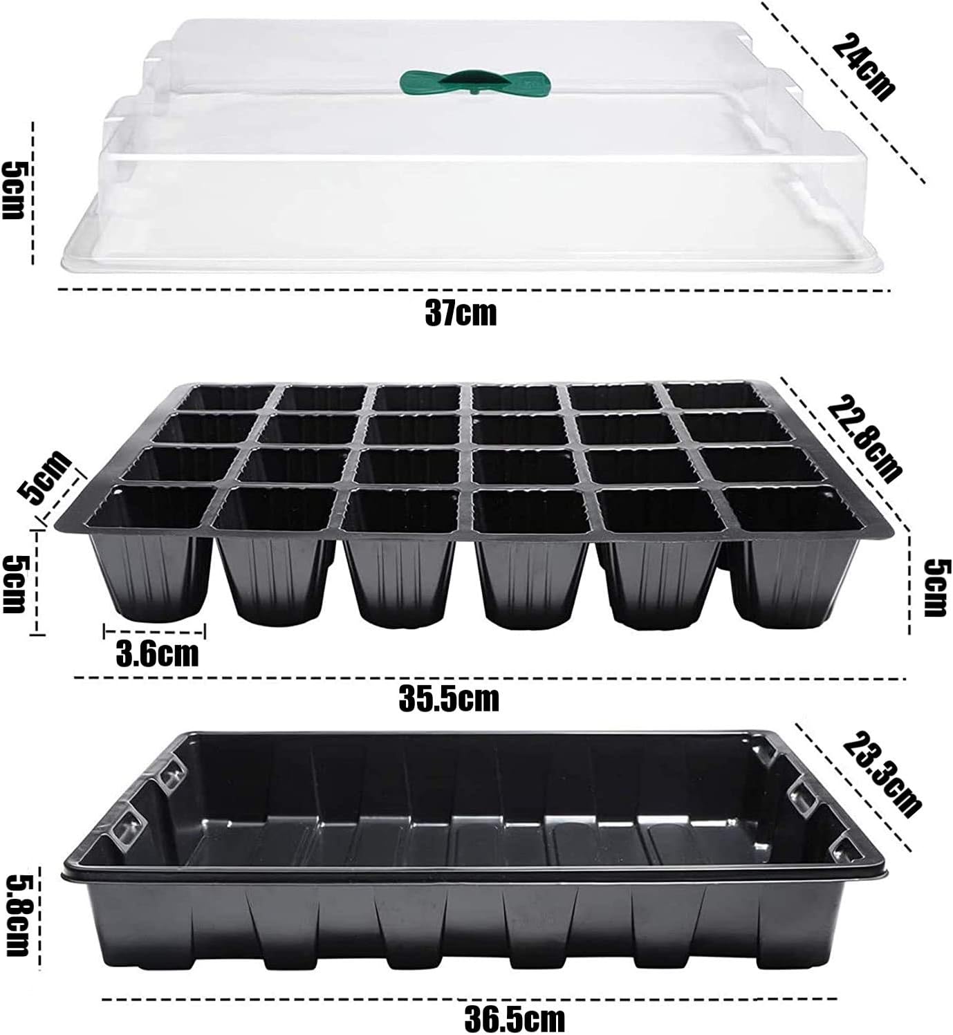 Petluno 4-piece seedling trays, 24-cell plastic seedling propagation trays, flower seed growing containers with adjustable ventilation openings for greenhouse, garden, home with lids and bases