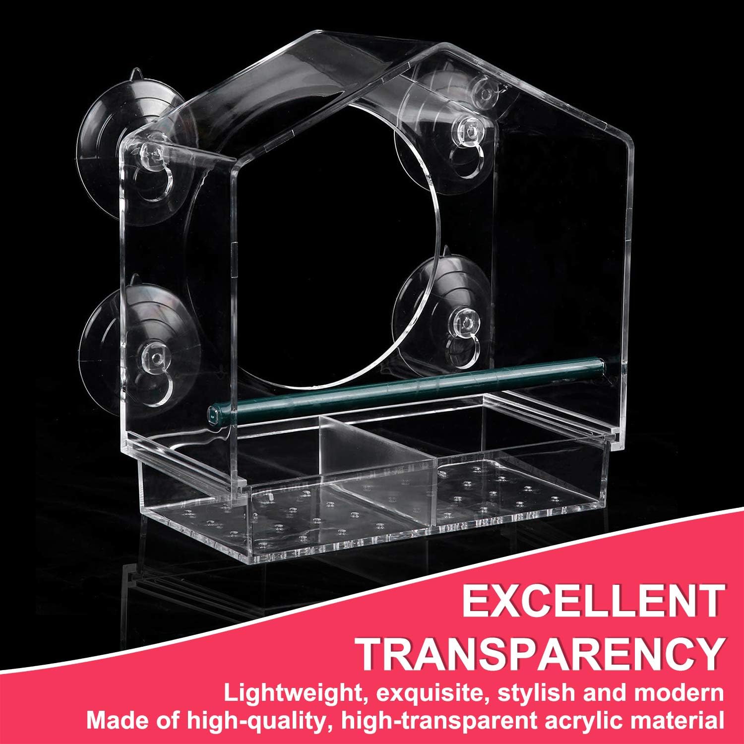 Strong suction window bird feeder, large capacity window bird feeder with removable seed tray and drainage holes for bird food, suitable for Dunnock, Blue Tit, Robin and small wild birds, 21 cm x 20 cm x 10 cm