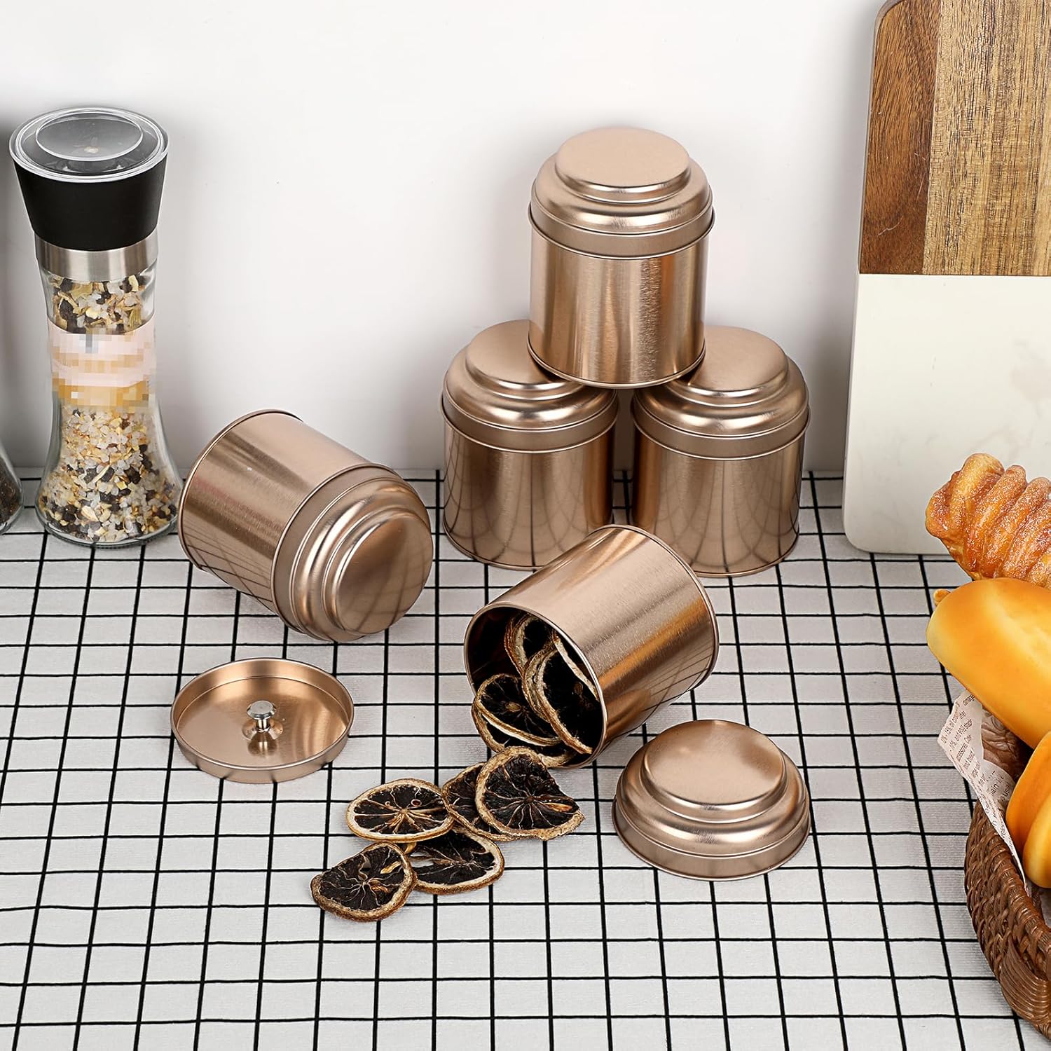 Petluno Set of 6 Loose Leaf Tea Tins 227ml Metal Nut Storage Jars Airtight Containers Kitchen Spice Jars, Food Tin for Tea, Coffee, Biscuits, Sugar