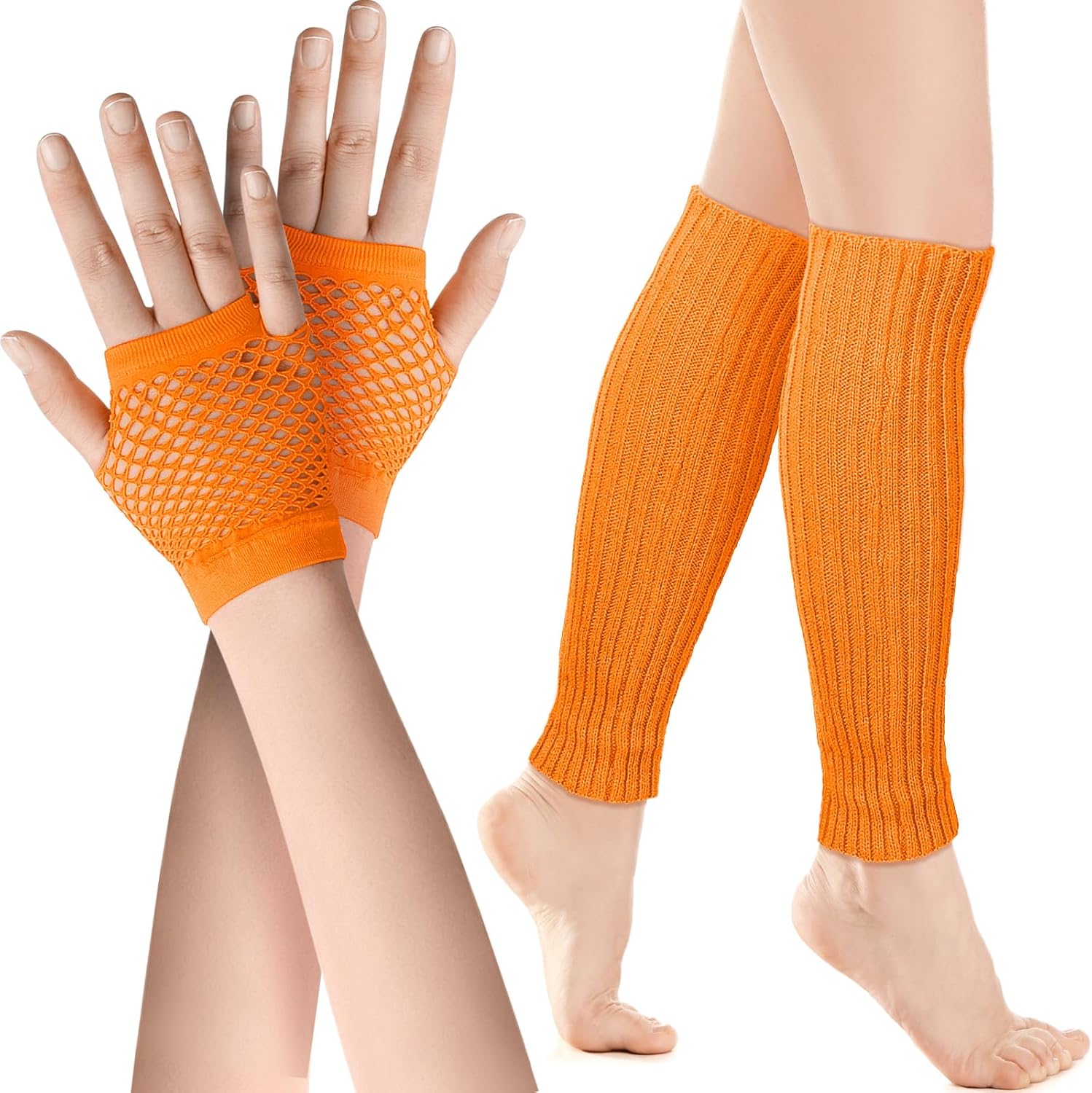 Petluno Elastic Neon Leg Warmers and Fingerless Gloves, 80s Set, Costume Accessory Orange , Orange, One Size