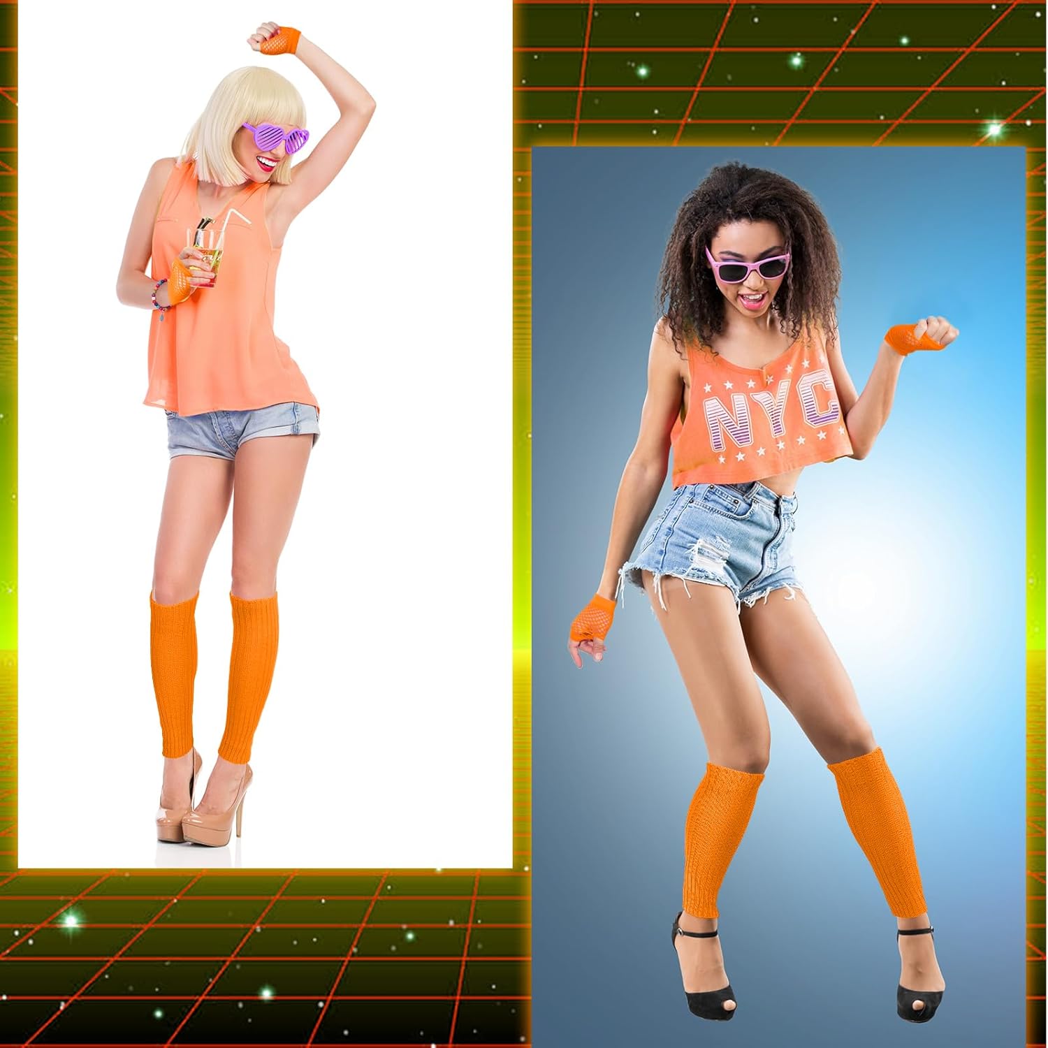 Petluno Elastic Neon Leg Warmers and Fingerless Gloves, 80s Set, Costume Accessory Orange , Orange, One Size