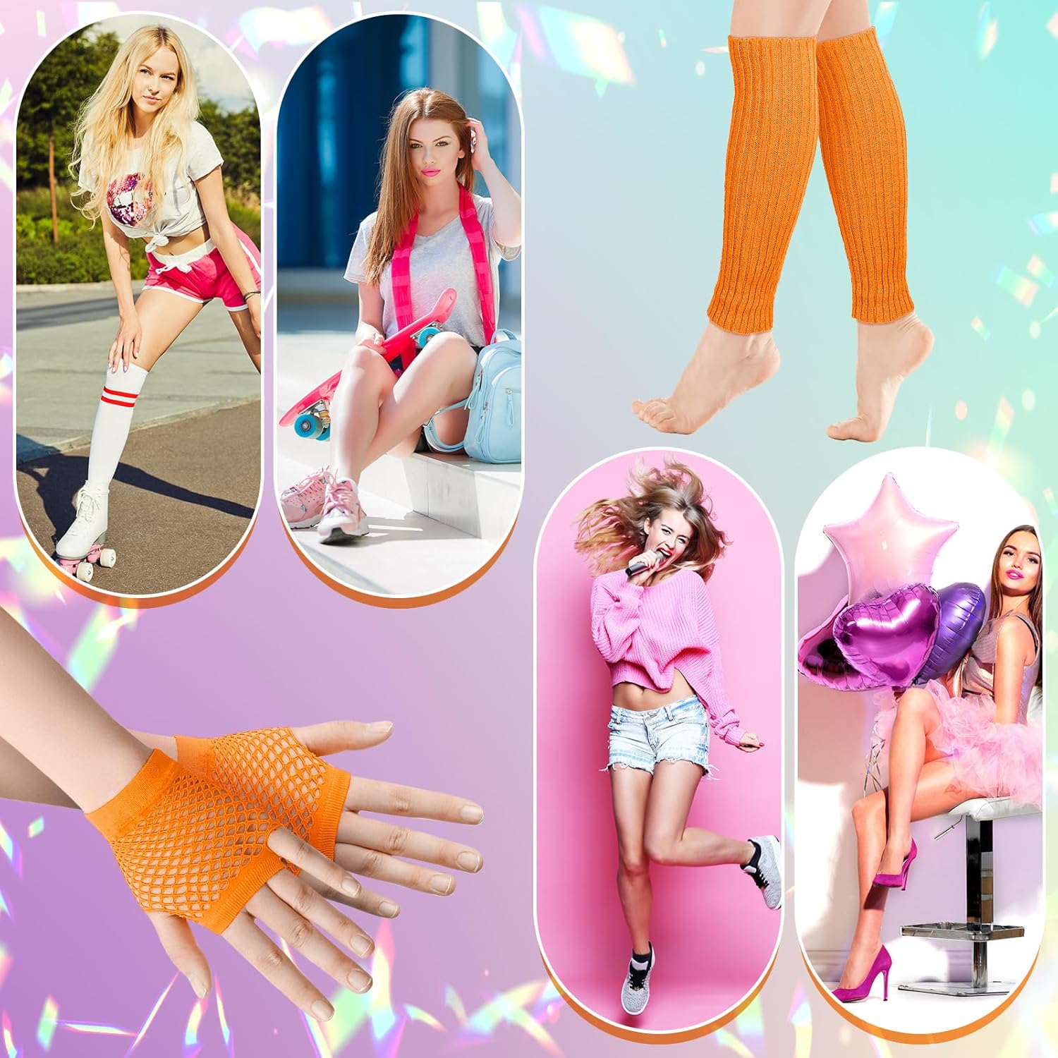 Petluno Elastic Neon Leg Warmers and Fingerless Gloves, 80s Set, Costume Accessory Orange , Orange, One Size