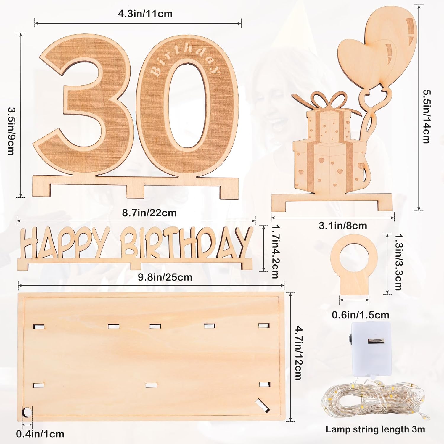 Original 30th birthday money gift wooden anniversary guest book present for men and women with LED light chain, butterfly ribbon wrapping paper 30