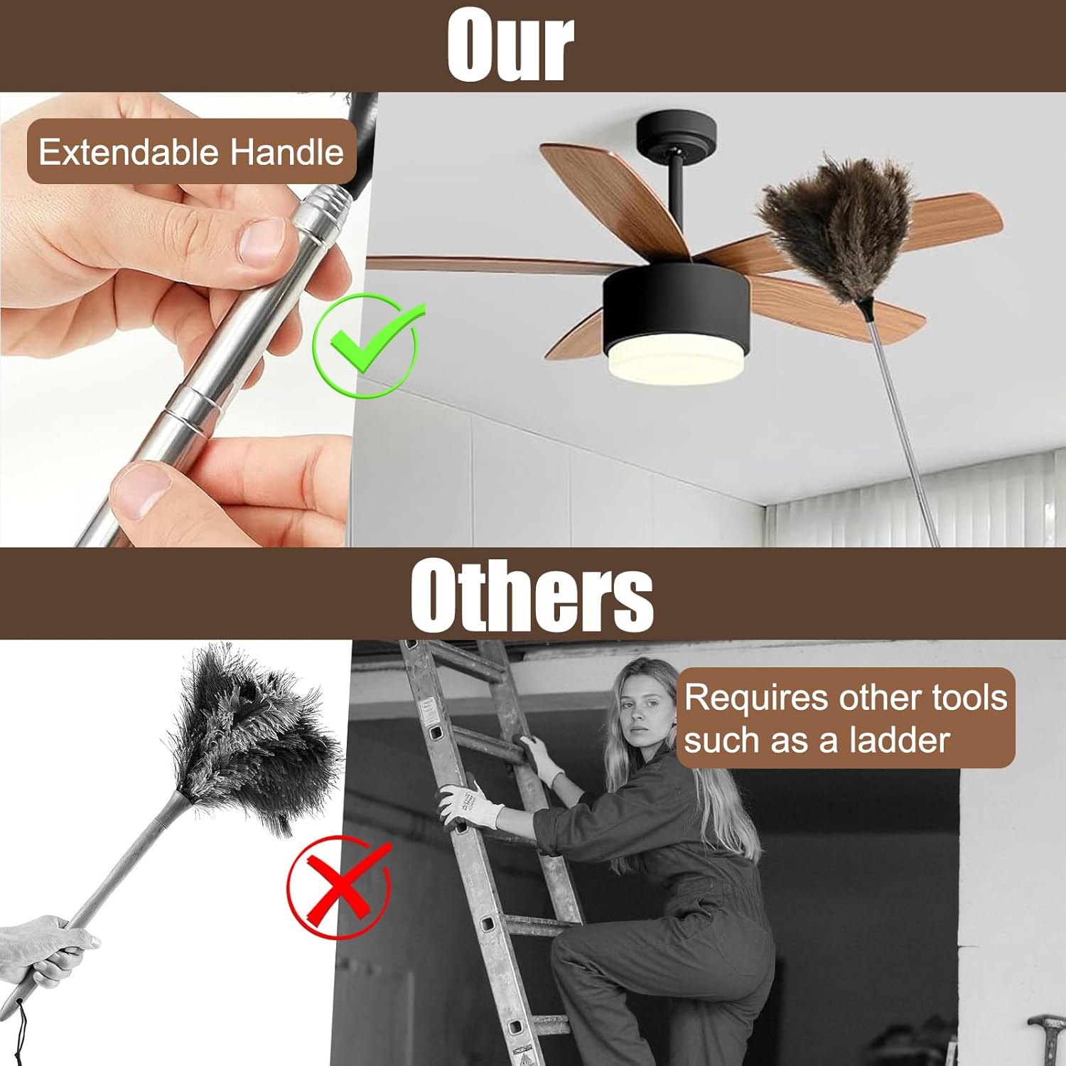 Feather duster, extendable, telescopic cleaning cloth, washable, ostrich feathers, cobweb duster with telescopic handle, cleaning supplies, home, car, office