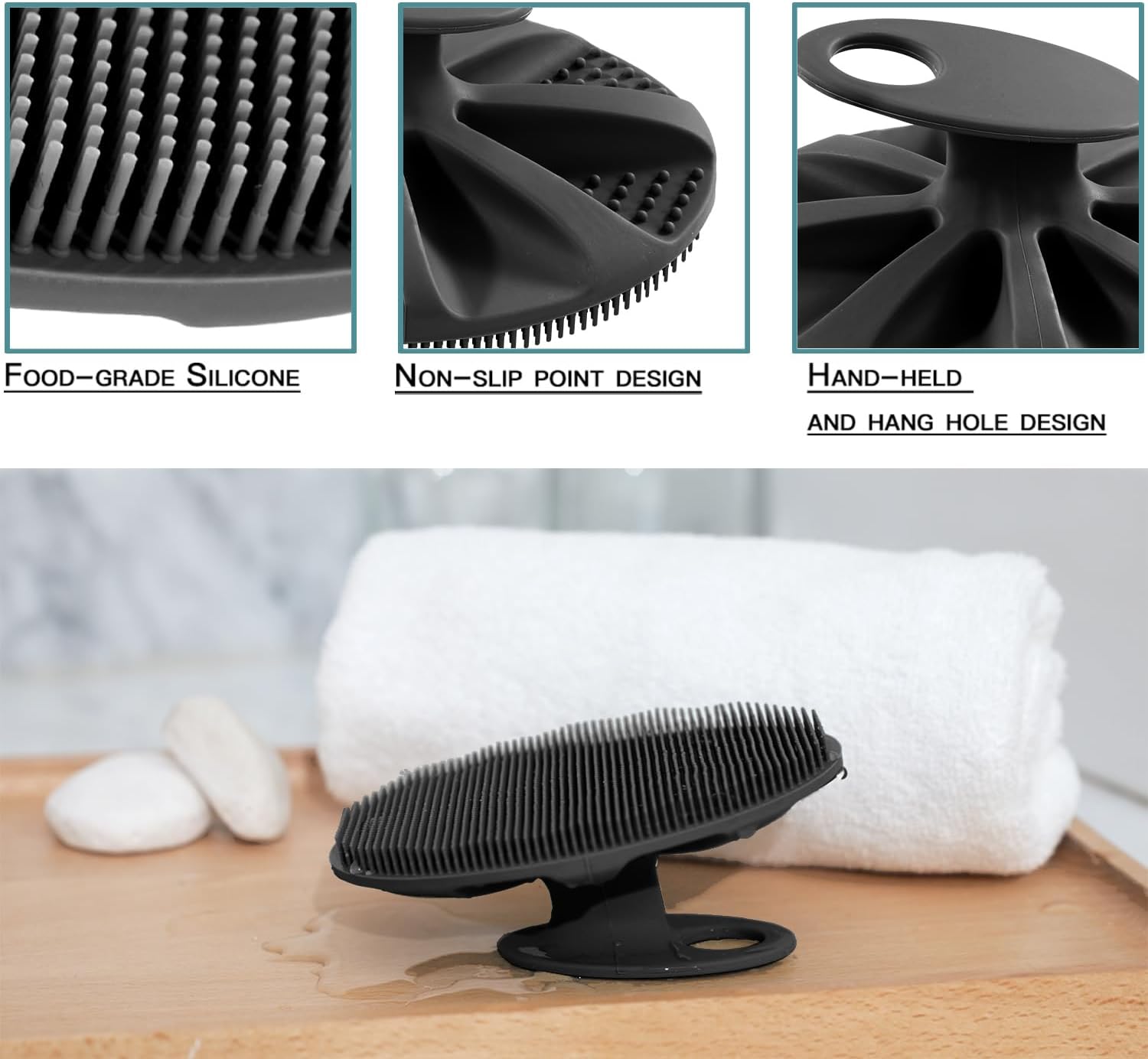 Soft Silicone Body Cleansing Brush Shower Scrubber, Gentle Exfoliating and Massage for All Kinds of Skin Gray+Black