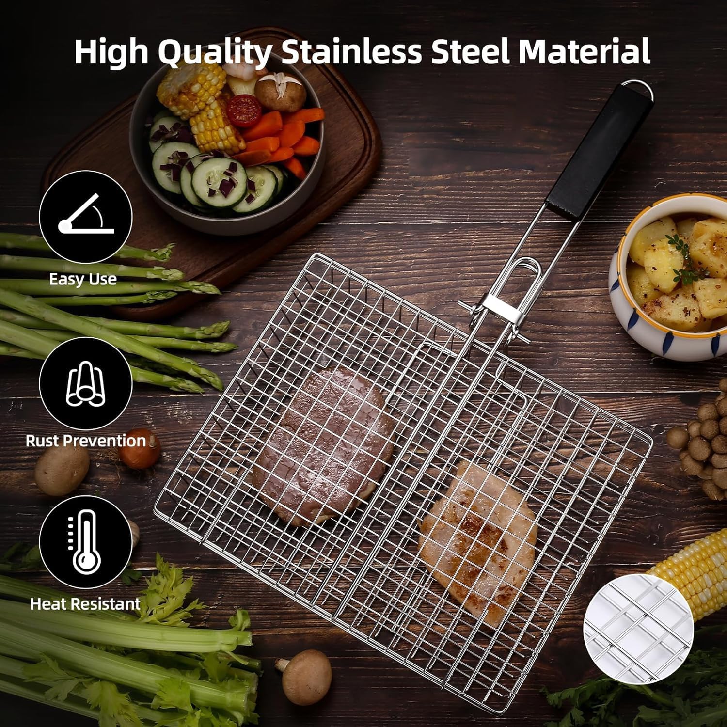 Fish Grilling Basket, Folding Portable Stainless Steel BBQ Grill Basket for Fish Vegetables Shrimp with Removable Handle, with Basting Brush and Storage Bag