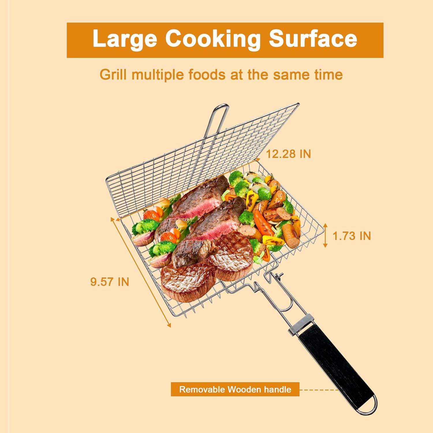 Fish Grilling Basket, Folding Portable Stainless Steel BBQ Grill Basket for Fish Vegetables Shrimp with Removable Handle, with Basting Brush and Storage Bag