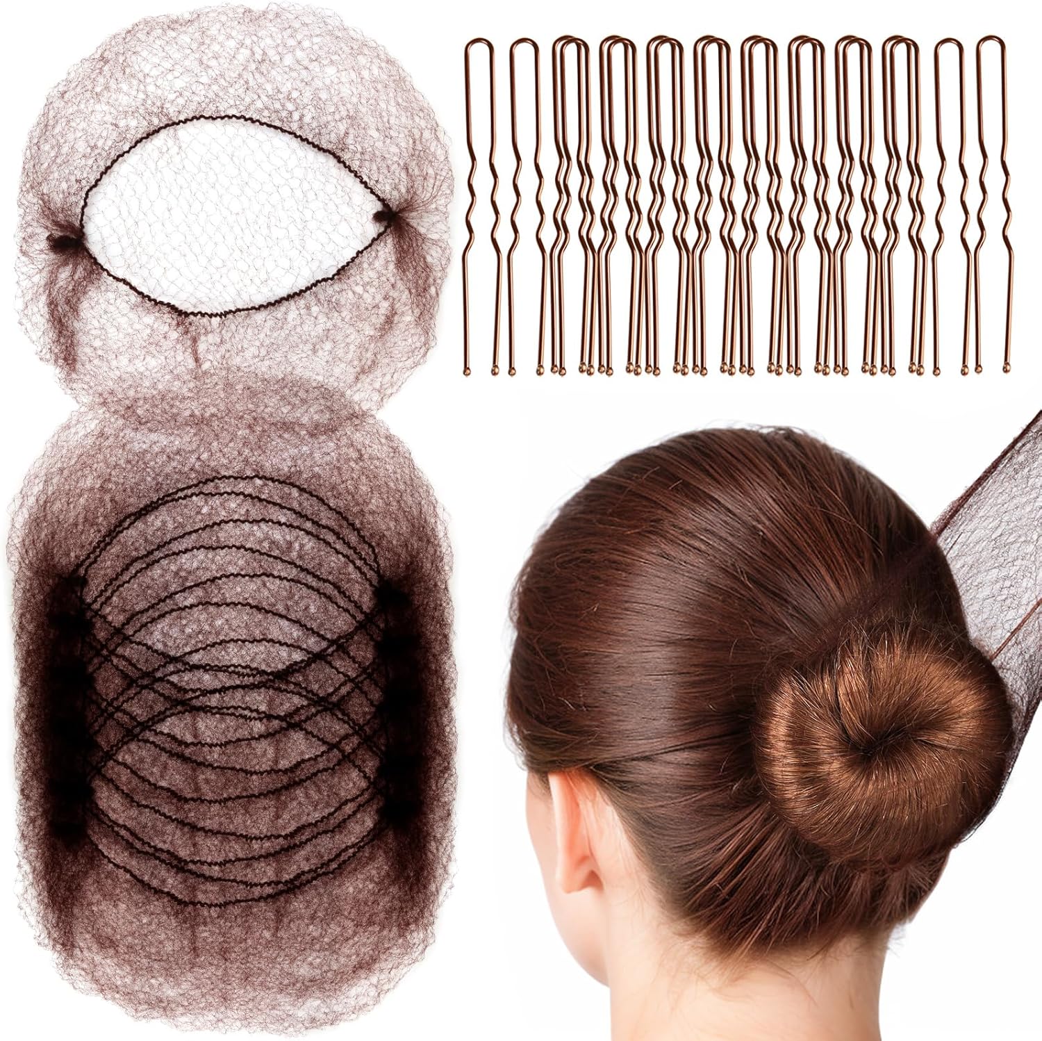 Hair Accessories Set: 20PCS Mesh Hair Nets Invisible and 40PCS U Shaped Hair Pins for Women, Girls, Ballet Bun Maker & Dance Hair Nets- 20 inch 50cm , Hair Pins- 2.4 inch 6cm , Brown