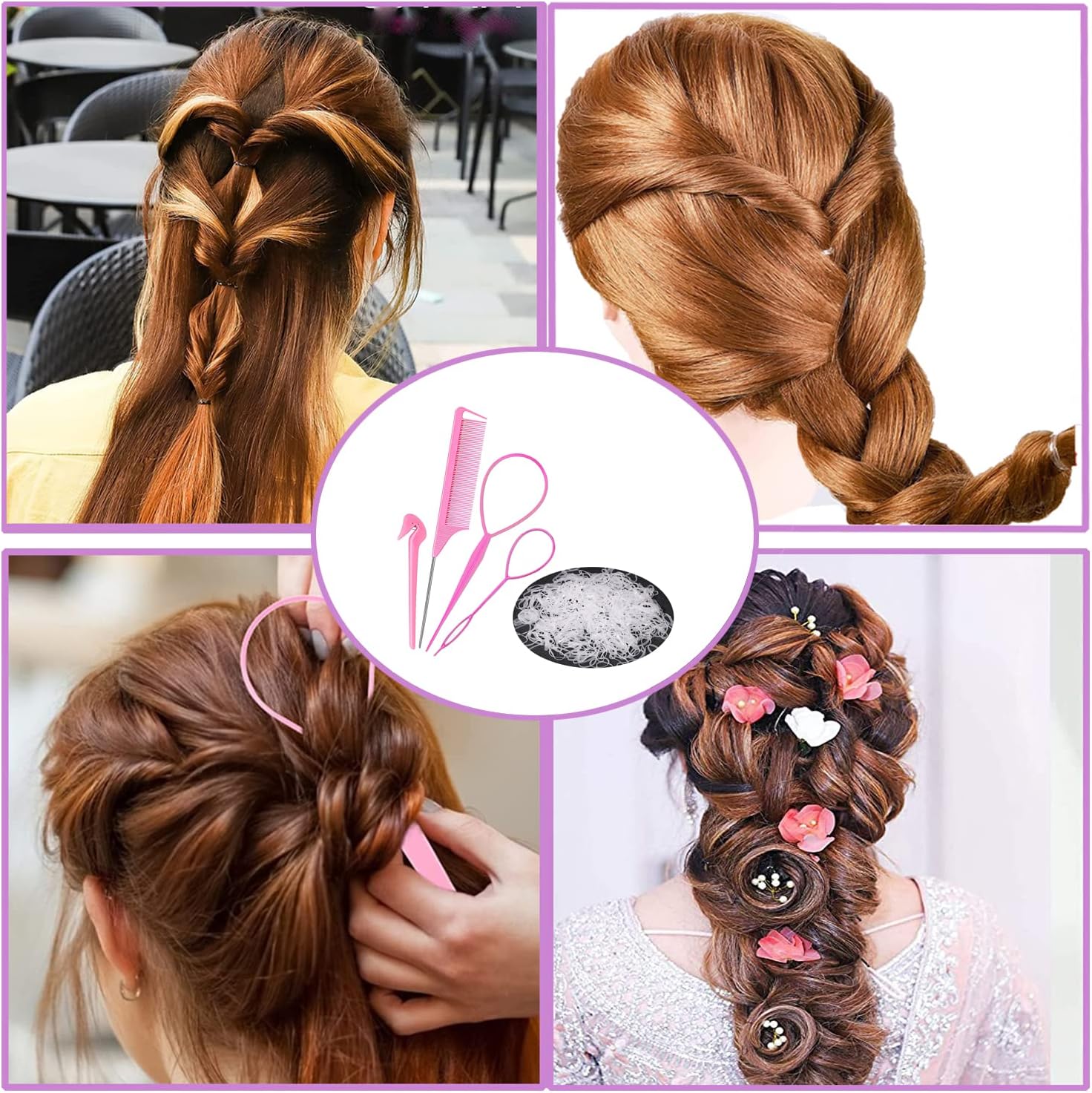 Hair Loop Styling Tool Set with 1000 Pcs Clear Mini Elastic Hair Bands 1 Pcs Rat Tail Combs for Braiding Styling 2 Pcs Hair Pull Through Tool 1 Pcs Hair Band Cutter - Pink