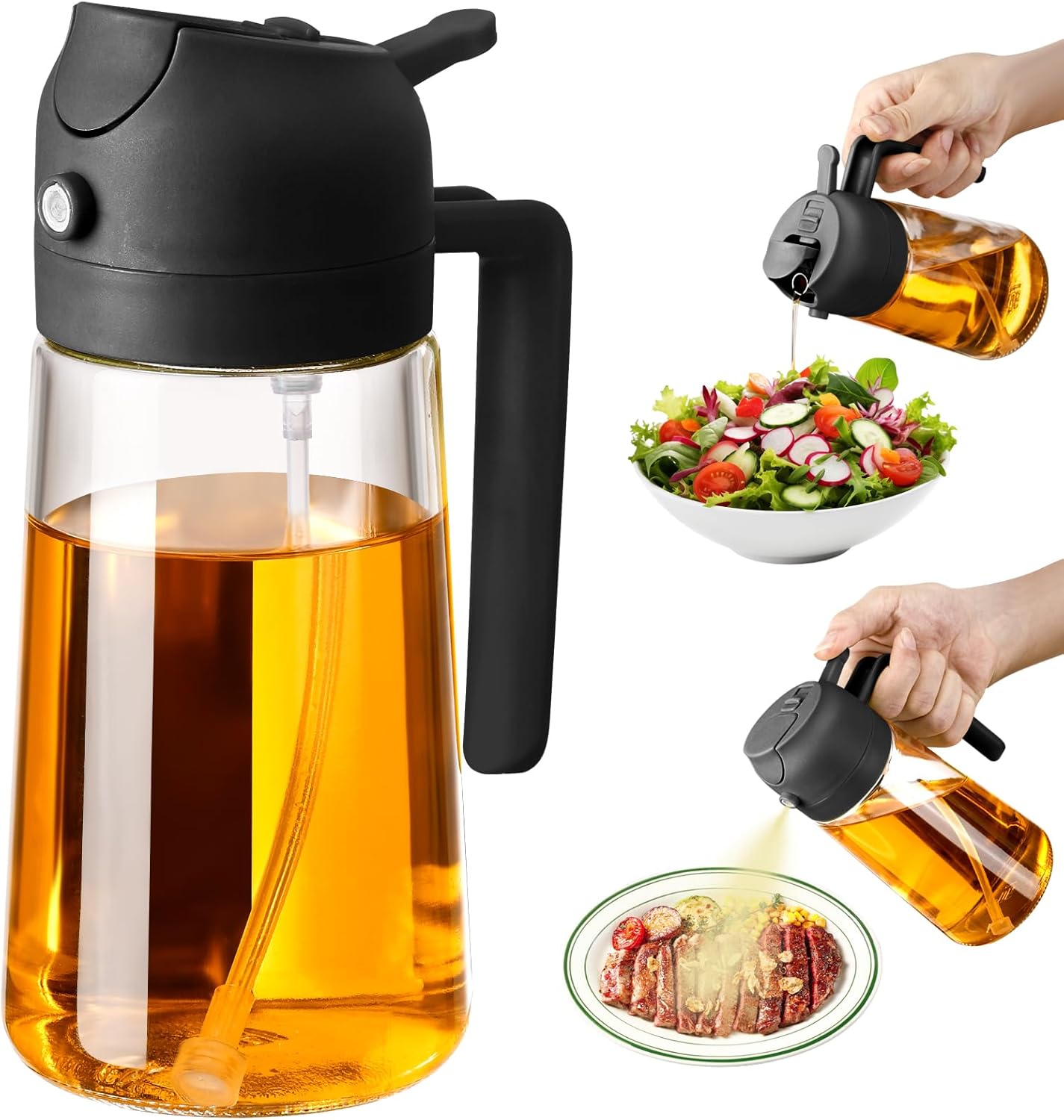 Oil Sprayer for Cooking, 470ml/16oz 2 in 1 Oil Dispenser and Oil Sprayer, Glass Olive Oil Bottle Pourer for Kitchen, Cooking, Salad, Barbecue Black