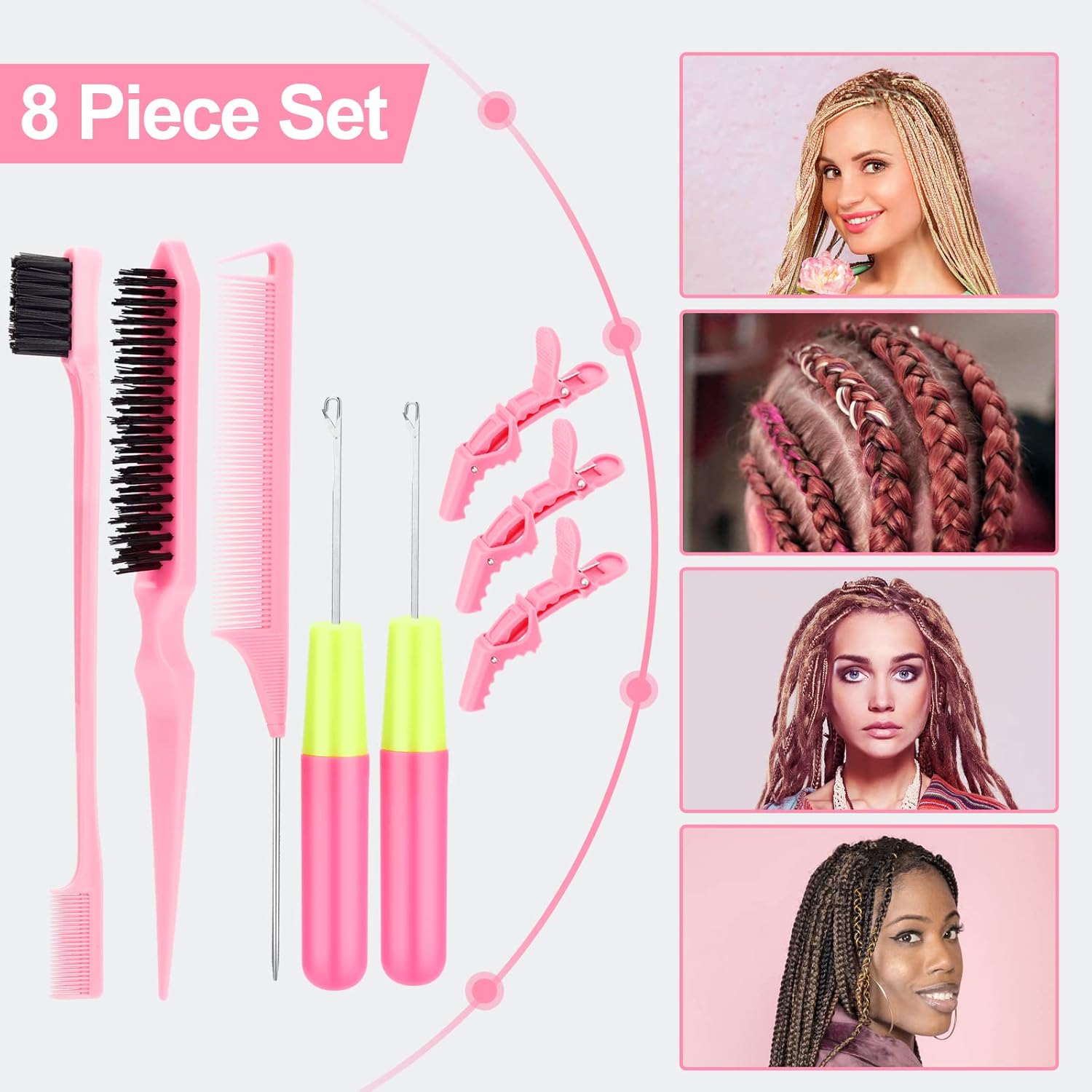 Crochet Hooks for Hair with 2pcs Crochet Needle, 1pcs Edge Brush, 1pcs Bristle Hair Brush, 1pcs Rat Tail Comb, 3pcs Gator Clips Crochet Needle for Passion Twist Crochet Hair Extensions