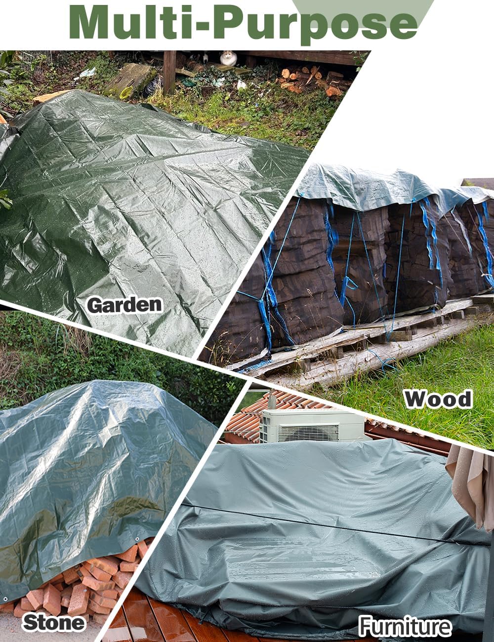 120GSM Tarpaulin Waterproof Heavy Duty, 6.6 x 9.8 Ft Large Green Rainproof Tarp UV/Tear Resistant PE Tarpaulin Sheet Tent with Reinforced Eyelets, Cover for Pool, Caravan, Garden Furniture