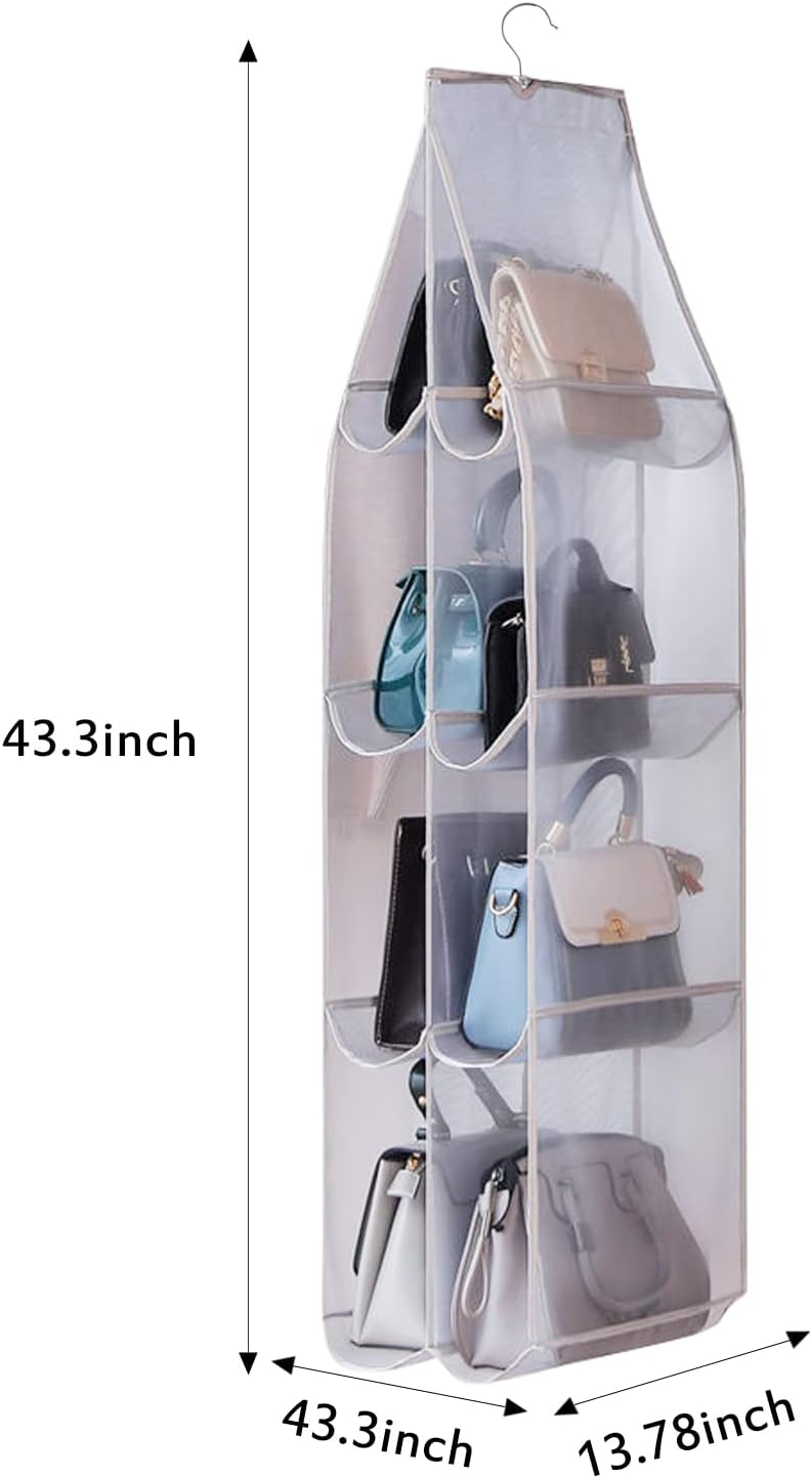 Hanging Handbag Purse Organizer, 2 Pack Transparent Hanging Closet Organizer with 8 Pockets, Washable Dust Proof Nylon Storage Bag for Closet and Wardrobe