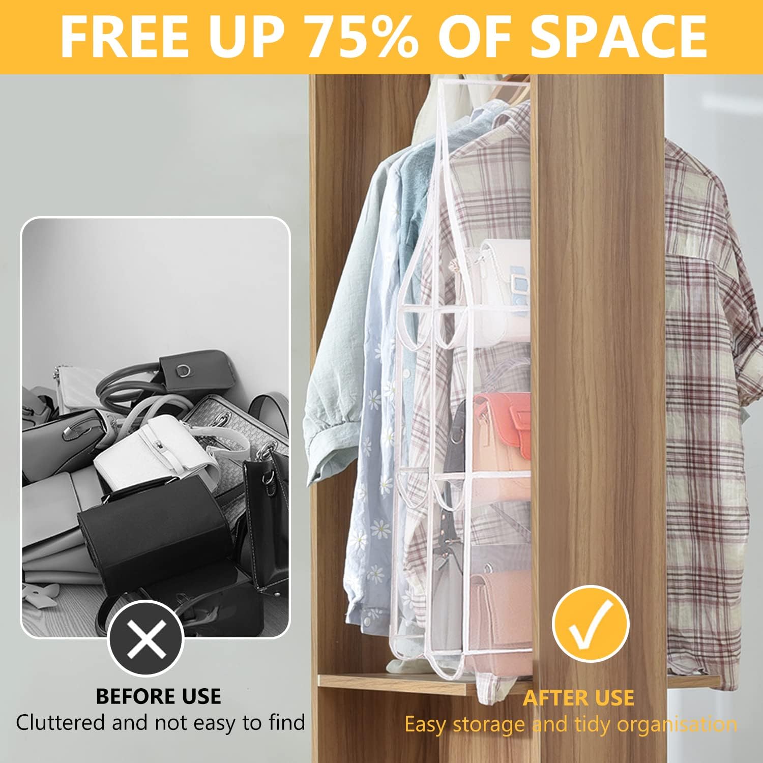 Hanging Handbag Purse Organizer, 2 Pack Transparent Hanging Closet Organizer with 8 Pockets, Washable Dust Proof Nylon Storage Bag for Closet and Wardrobe