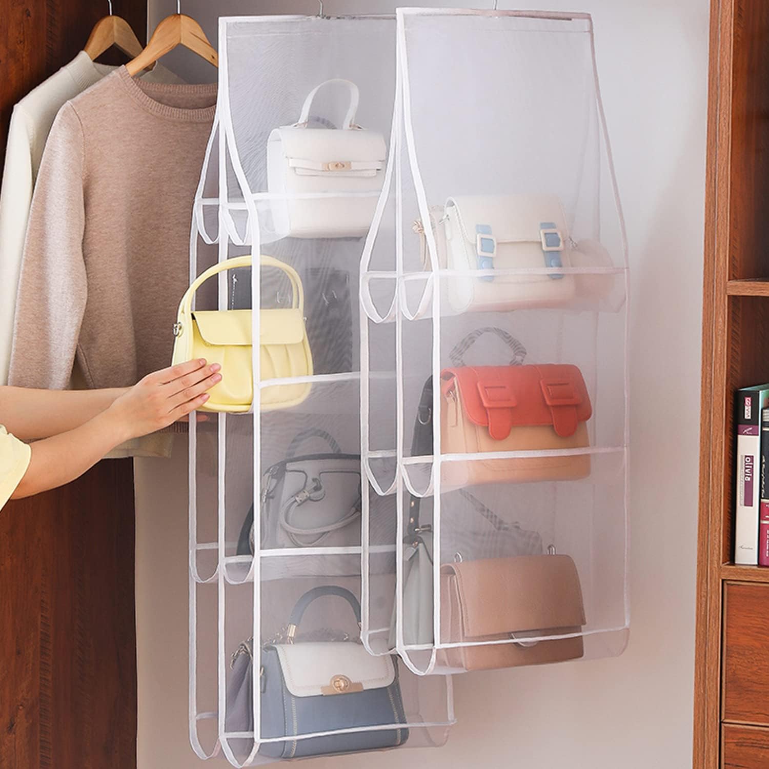 Hanging Handbag Purse Organizer, 2 Pack Transparent Hanging Closet Organizer with 8 Pockets, Washable Dust Proof Nylon Storage Bag for Closet and Wardrobe