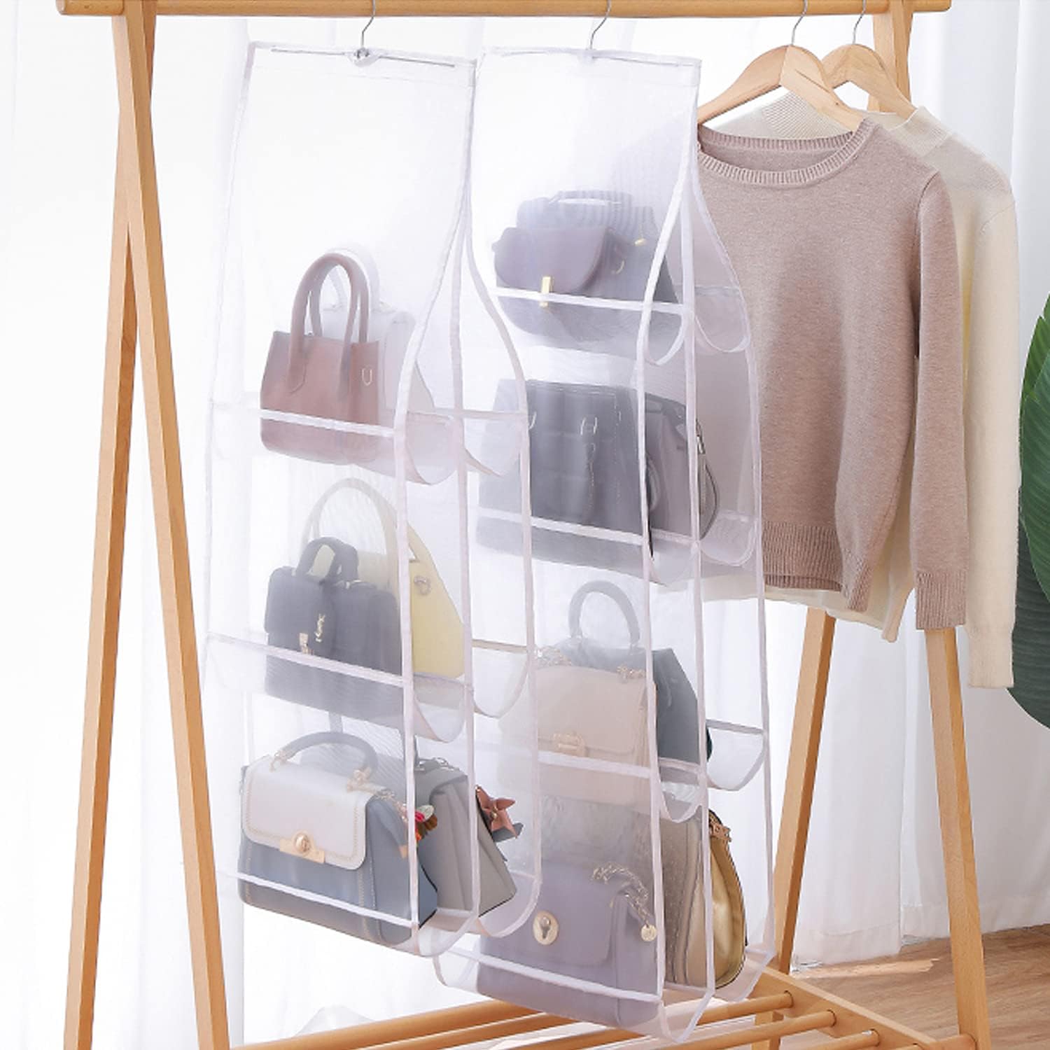 Hanging Handbag Purse Organizer, 2 Pack Transparent Hanging Closet Organizer with 8 Pockets, Washable Dust Proof Nylon Storage Bag for Closet and Wardrobe