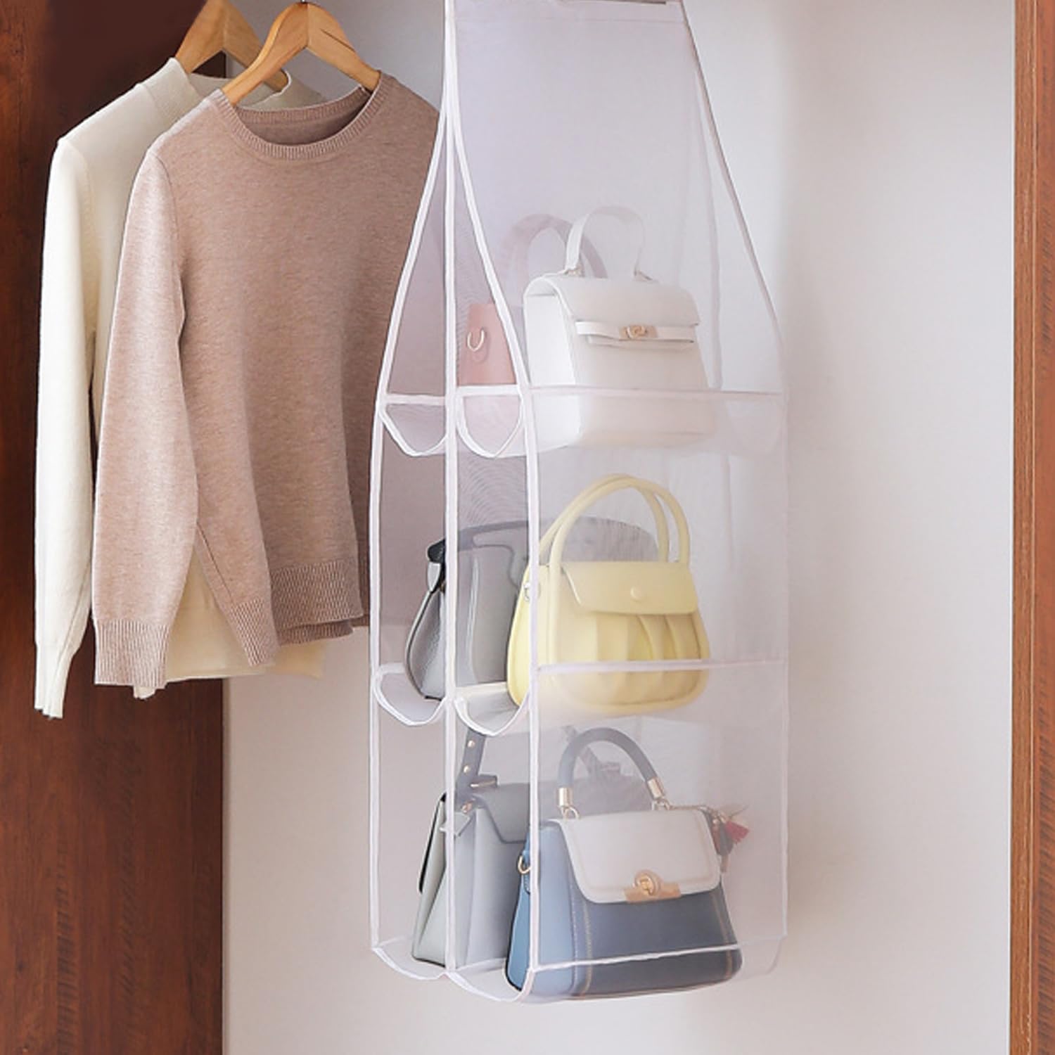 Hanging Handbag Purse Organizer, 2 Pack Transparent Hanging Closet Organizer with 8 Pockets, Washable Dust Proof Nylon Storage Bag for Closet and Wardrobe