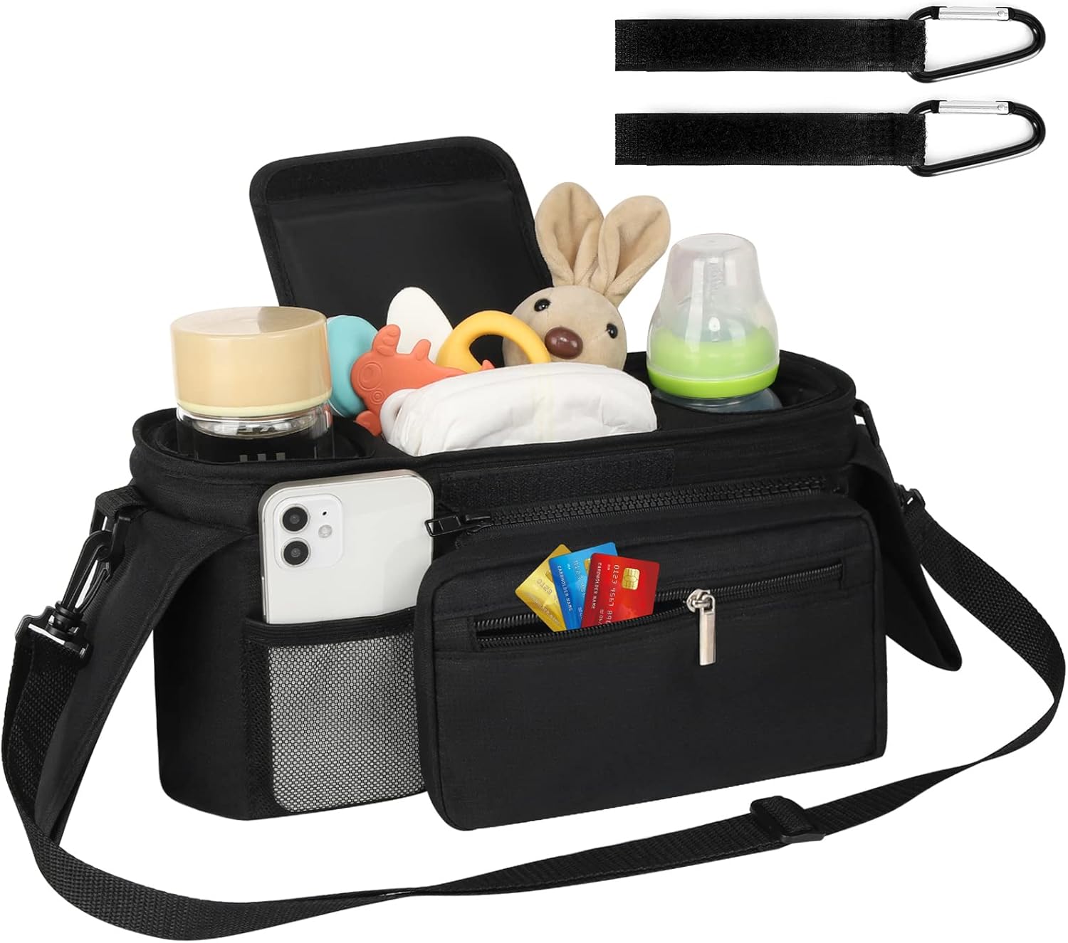 Universal Stroller Organizer with Insulated Cup Holder Detachable Phone Bag and Shoulder Strap,Stroller Bag Caddy Organizer Accessories Fits for Uppababy, Baby Jogger, Britax Strollers