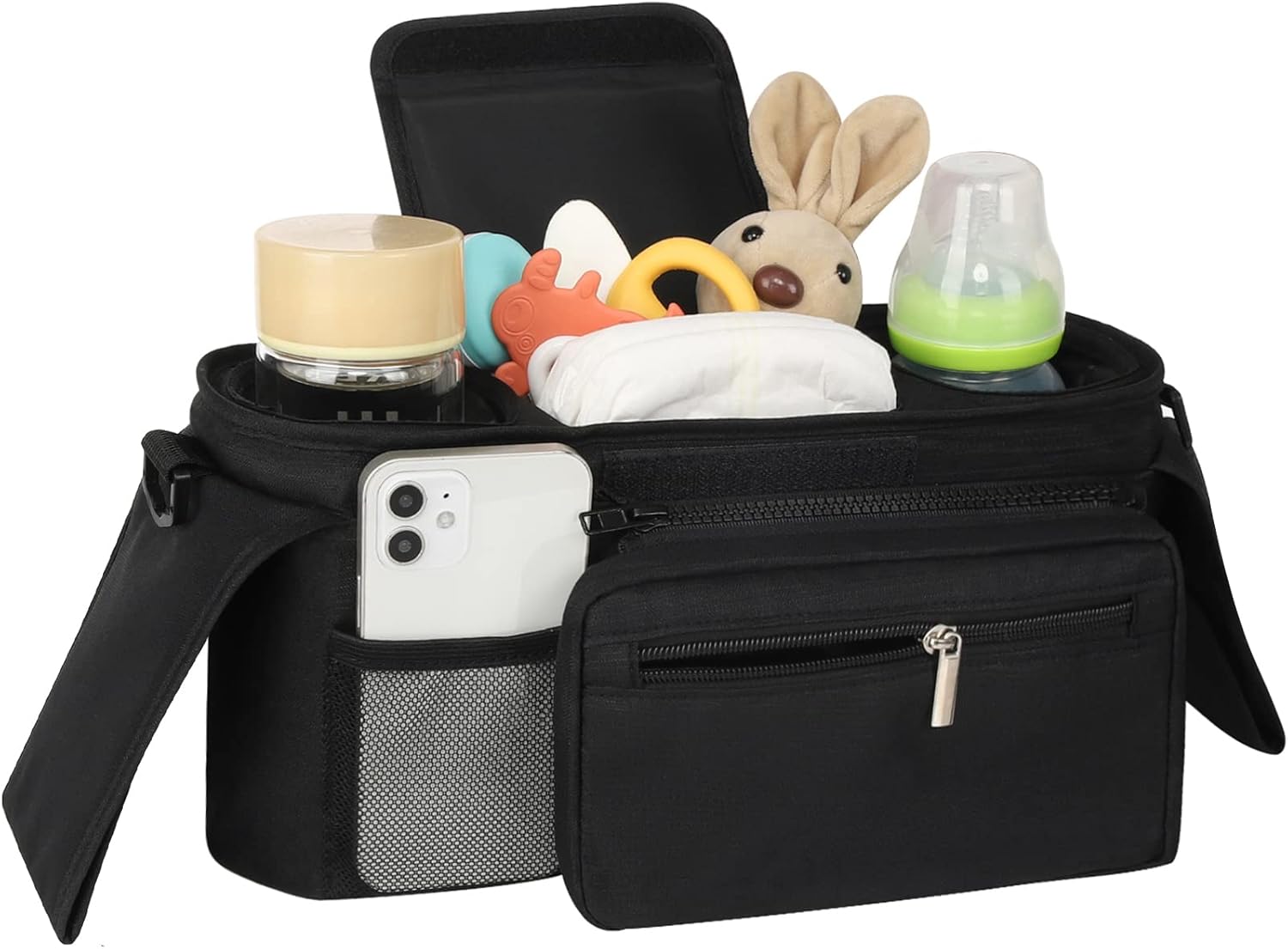 Universal Stroller Organizer with Insulated Cup Holder Detachable Phone Bag and Shoulder Strap,Stroller Bag Caddy Organizer Accessories Fits for Uppababy, Baby Jogger, Britax Strollers