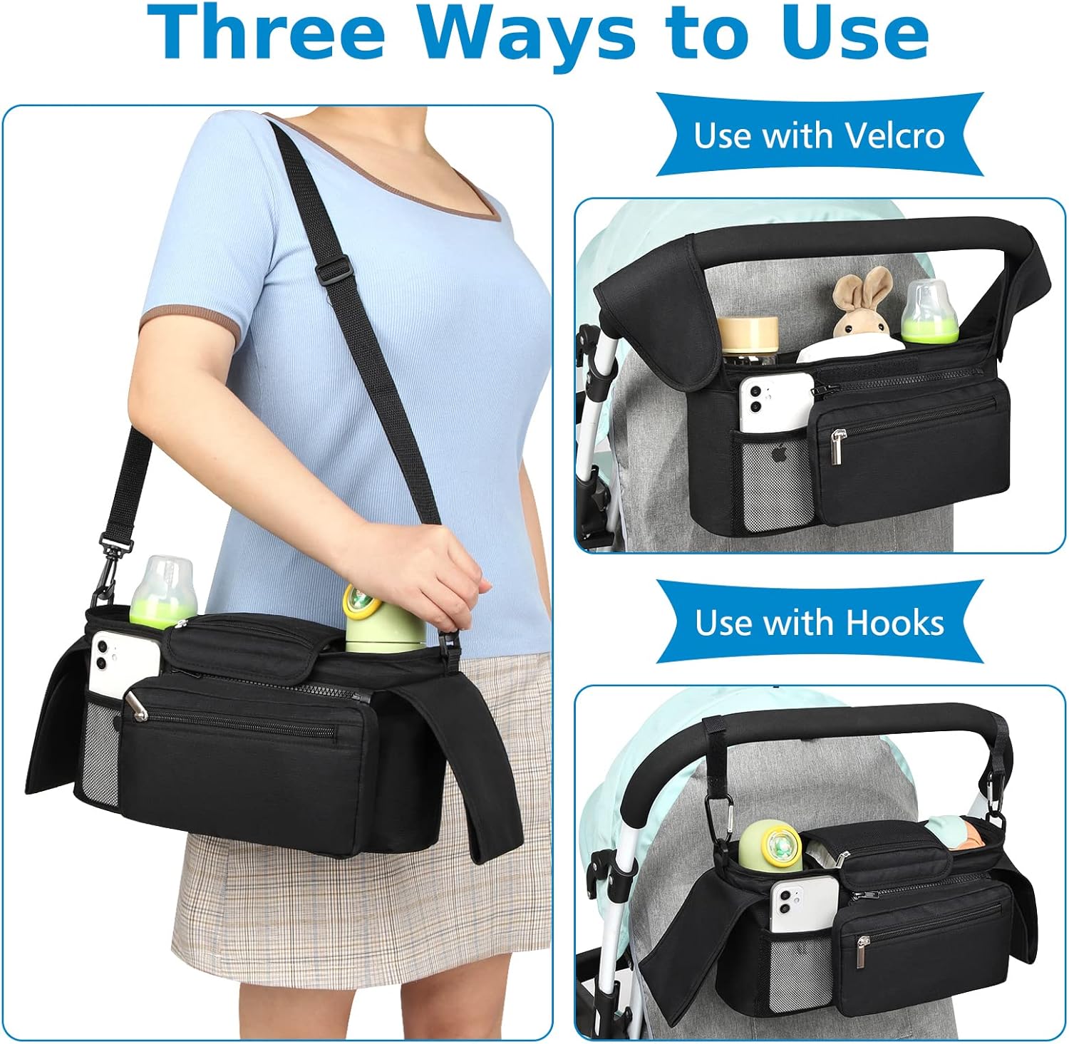 Universal Stroller Organizer with Insulated Cup Holder Detachable Phone Bag and Shoulder Strap,Stroller Bag Caddy Organizer Accessories Fits for Uppababy, Baby Jogger, Britax Strollers
