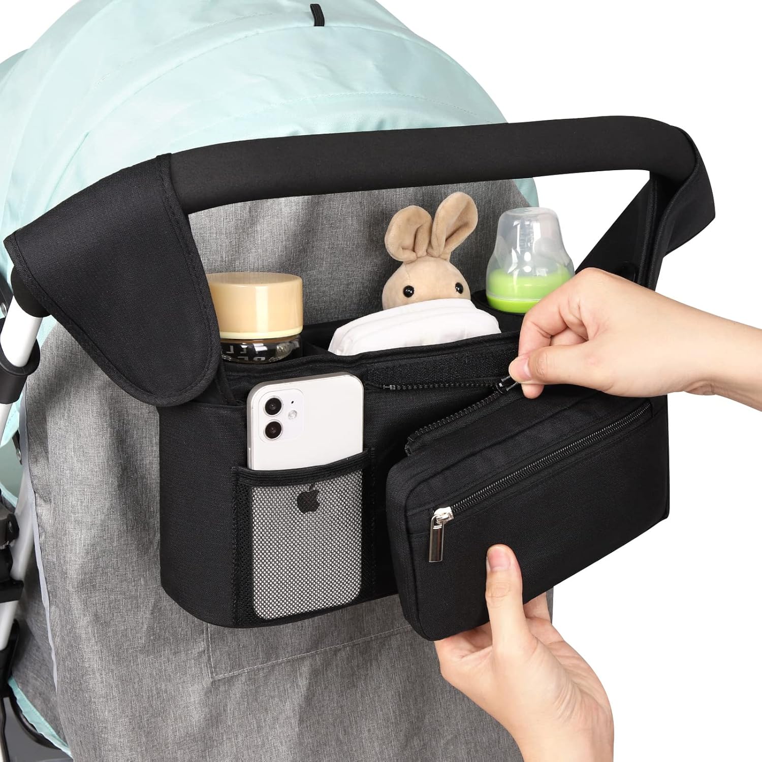Universal Stroller Organizer with Insulated Cup Holder Detachable Phone Bag and Shoulder Strap,Stroller Bag Caddy Organizer Accessories Fits for Uppababy, Baby Jogger, Britax Strollers