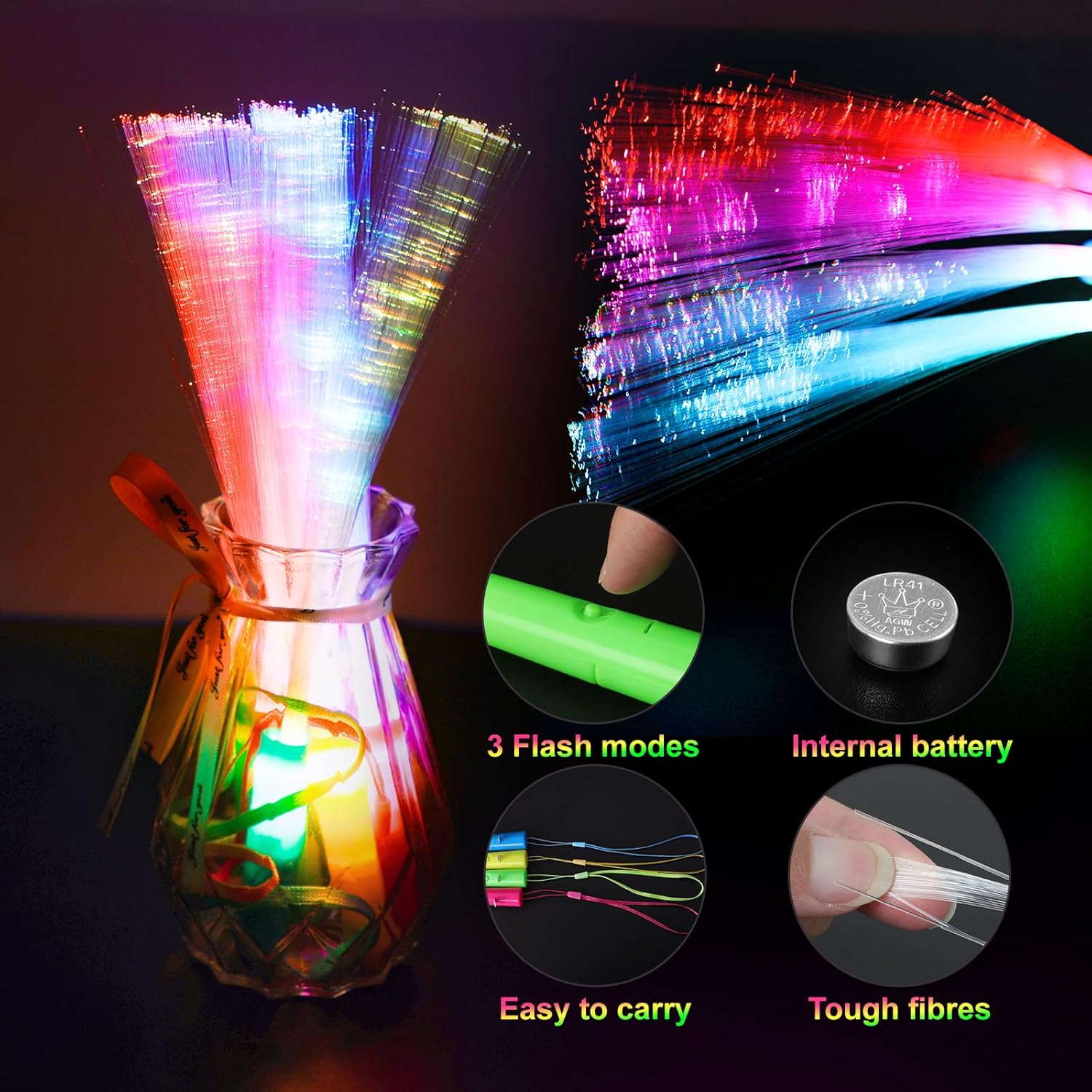10 Led Fibre Glow Sticks Multi-Coloured Flashing Glow Sticks with 3 Light Modes For Night Parties, Birthday Parties, Easter, Discos, Concerts, Christmas, Carnivals, Weddings Random Colour