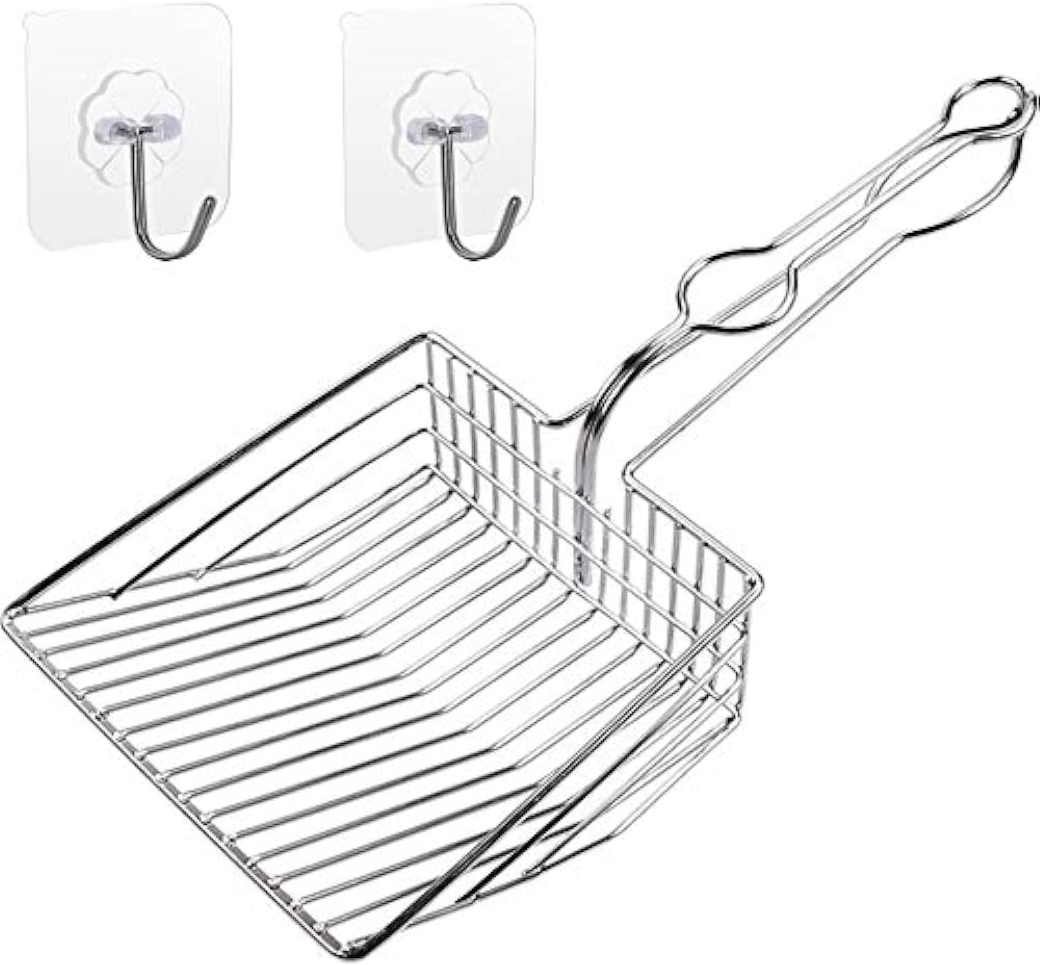 Metal Cat Litter Scoop, Fast and Clean Clumping Kitty Litter Scooper with Holder, Flat Ledging Edge, Large Solid and Comfy! All Metal Fun Maker, Say No to Dirty and Loose Handle,1+2pcs